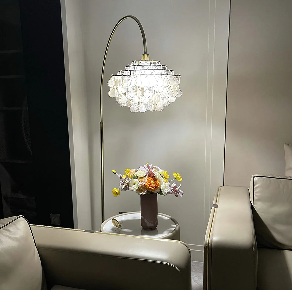 Teardrops Capiz Arc Floor Lamp - view 2 | Metavaya