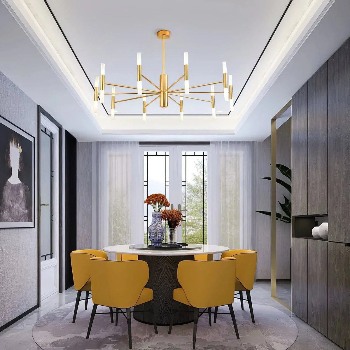 Metavaya Chandelier 20Heads ∅ 69cm x H 35cm / ∅ 27.2″ x H 13.8″ / Gold & White Tube Chandelier 662668848341 M2023122707-1 Tube Chandelier | Discount Sale
