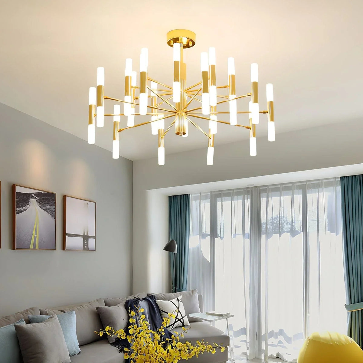 Metavaya Chandelier 40Heads ∅ 100cm x H 45cm / ∅ 39.4″ x H 17.7″ / Gold & White Tube Chandelier 662668848389 M2023122707-5 Tube Chandelier | Discount Sale