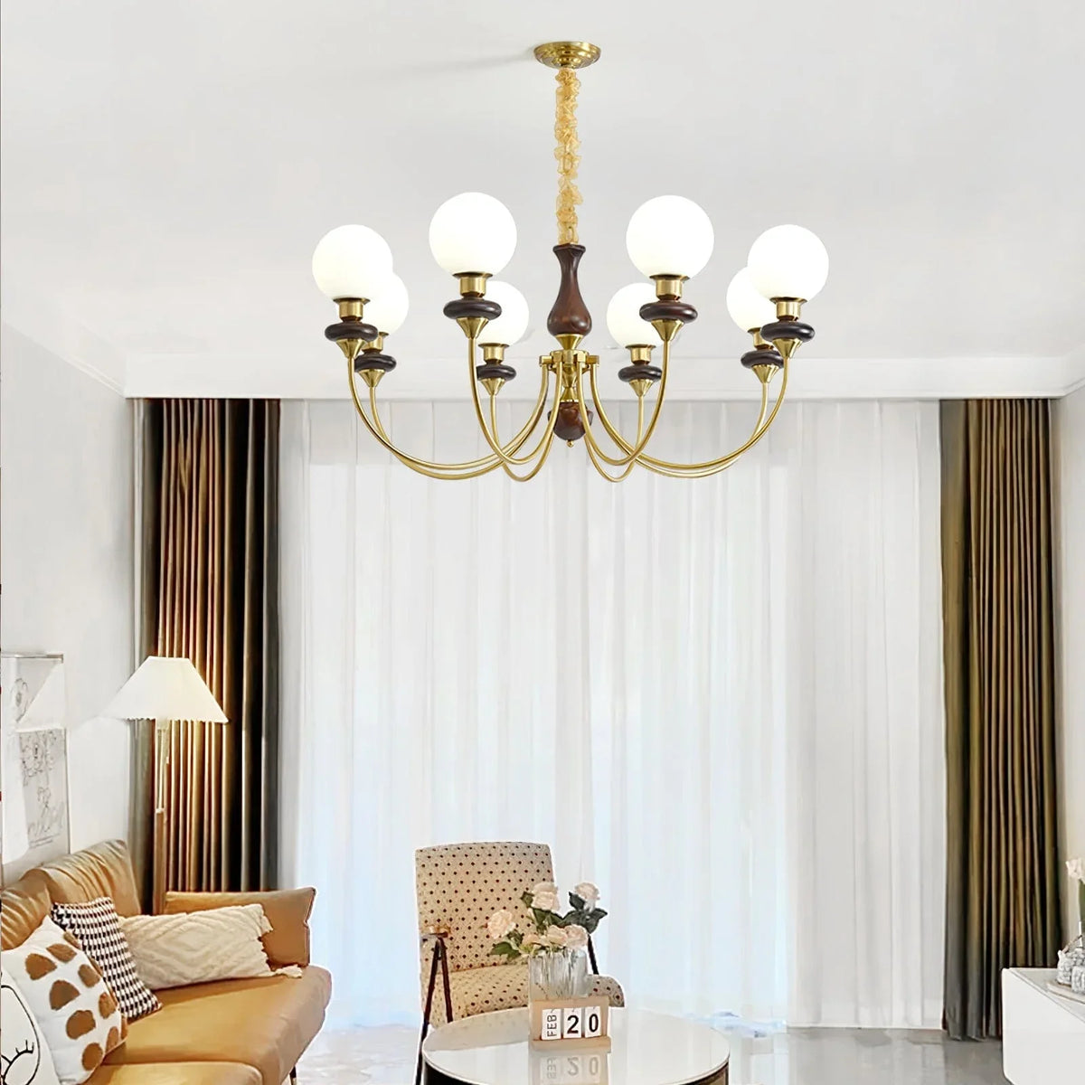 Metavaya Chandelier 8 lamps Dia 100cm x H 43cm / ∅ 39.4″ x H 16.9″ / Brass & Walnut Walnut Brass Chandelier 662668841663 M2023122101-5 Walnut Brass Chandelier | Discount Sale