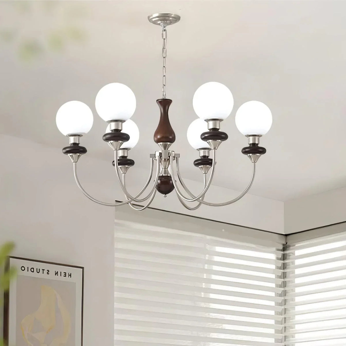 Metavaya Chandelier 6 lamps Dia 85cm x H 43cm / ∅ 33.5″ x H 16.9″ / Chrome & Walnut Walnut Brass Chandelier 662668841656 M2023122101-4 Walnut Brass Chandelier | Discount Sale