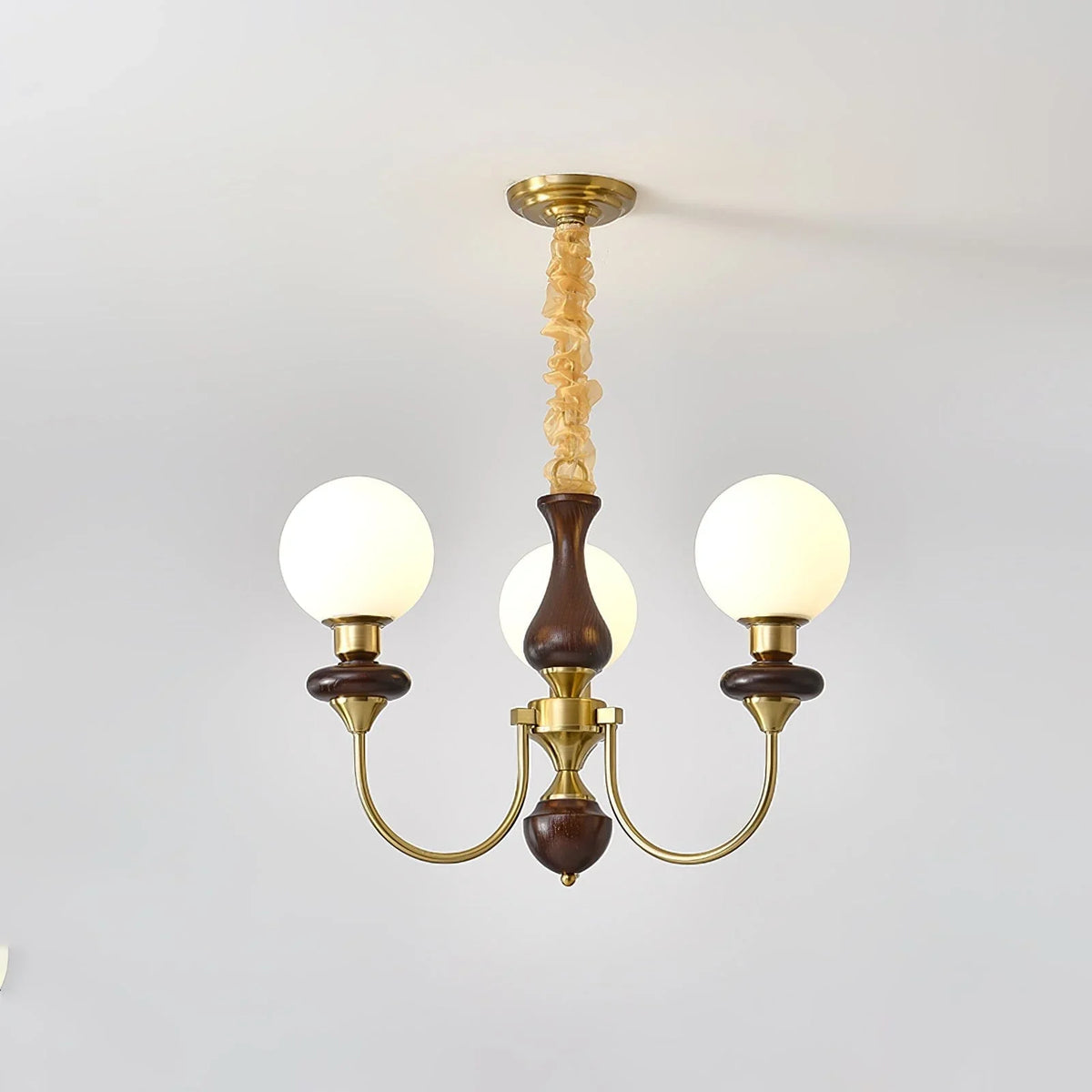 Metavaya Chandelier 3 lamps Dia 60cm x H 38cm / ∅ 23.6″ x H 15″ / Brass & Walnut Walnut Brass Chandelier 662668841625 M2023122101-1 Walnut Brass Chandelier | Discount Sale