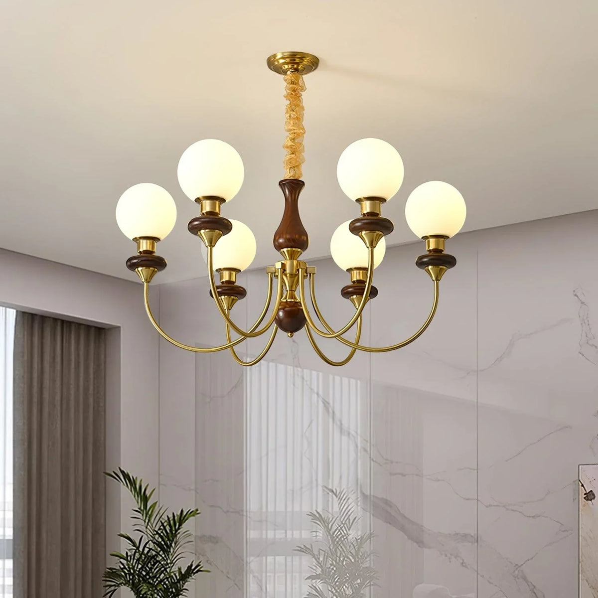 Metavaya Chandelier 6 lamps Dia 85cm x H 43cm / ∅ 33.5″ x H 16.9″ / Brass & Walnut Walnut Brass Chandelier 662668841649 M2023122101-3 Walnut Brass Chandelier | Discount Sale