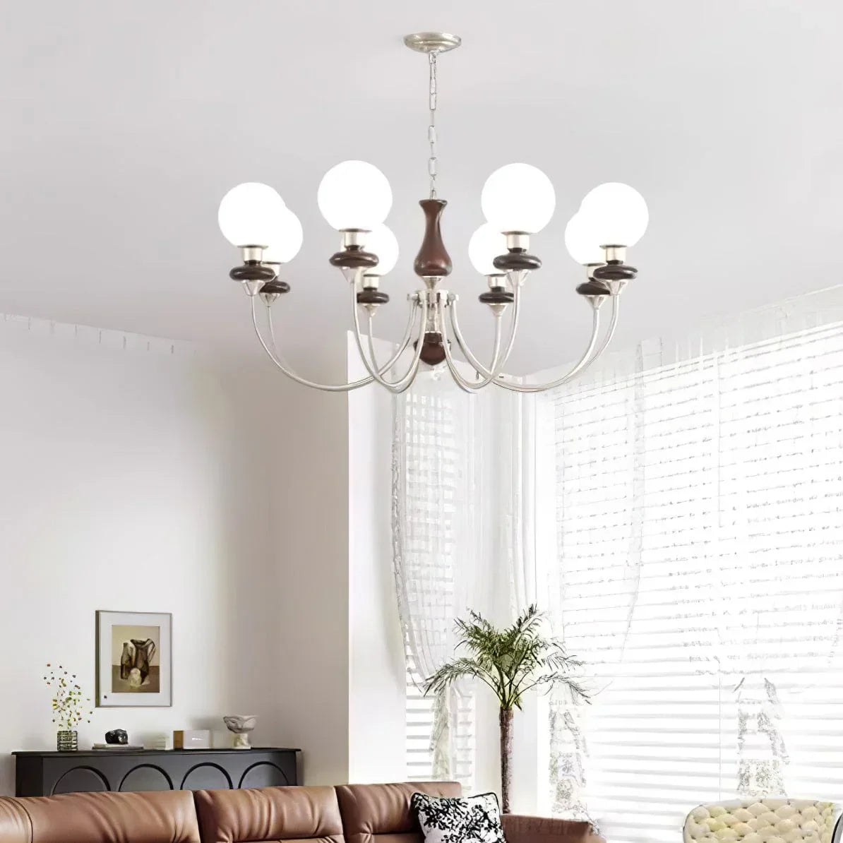 Metavaya Chandelier 8 lamps Dia 100cm x H 43cm / ∅ 39.4″ x H 16.9″ / Chrome & Walnut Walnut Brass Chandelier 662668841670 M2023122101-6 Walnut Brass Chandelier | Discount Sale
