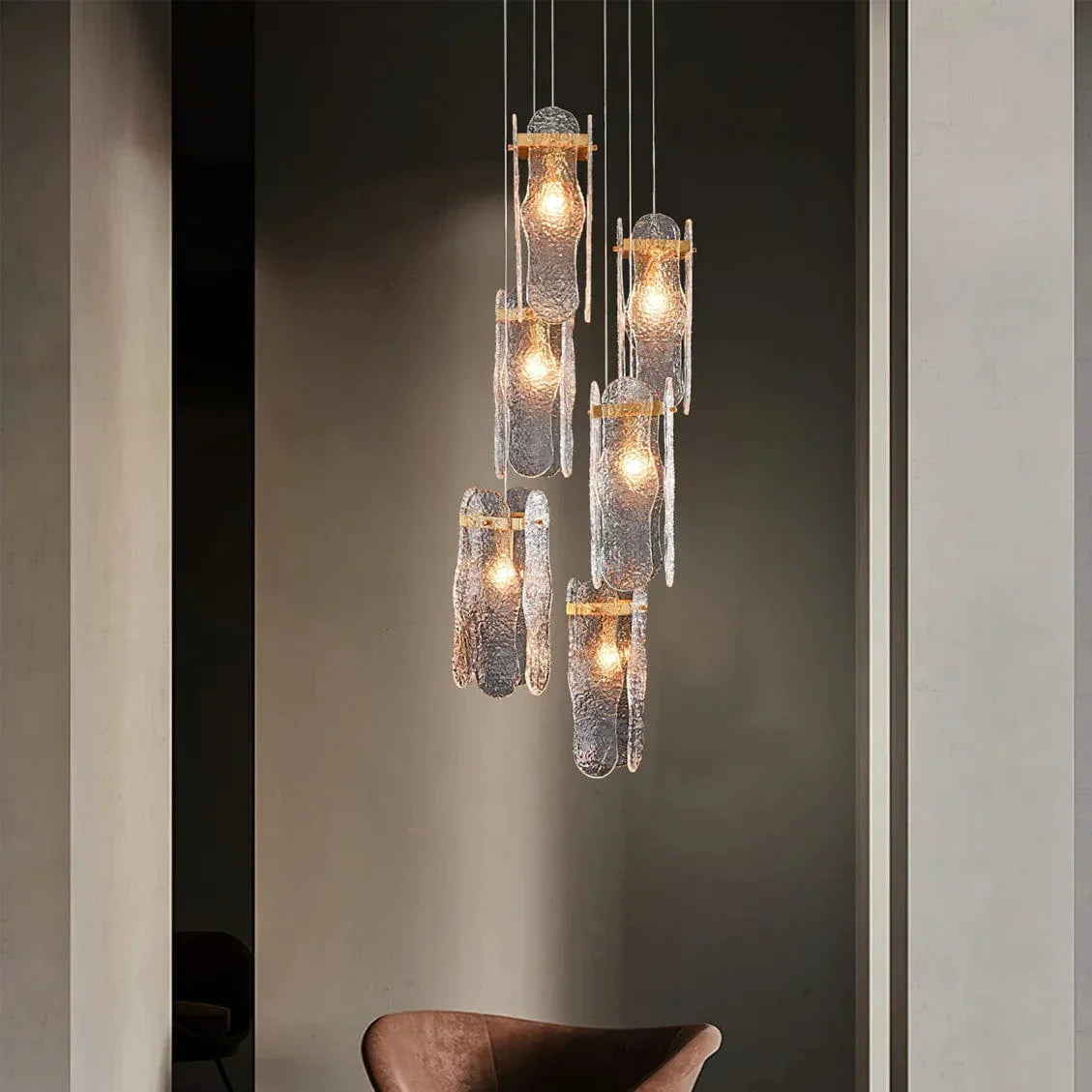 Metavaya Ceiling Lamp Dia 13cm x H 35cm / Gold & Clear Water-patterned Glass Pendant Lamp 6938617775551 M2023061701-1