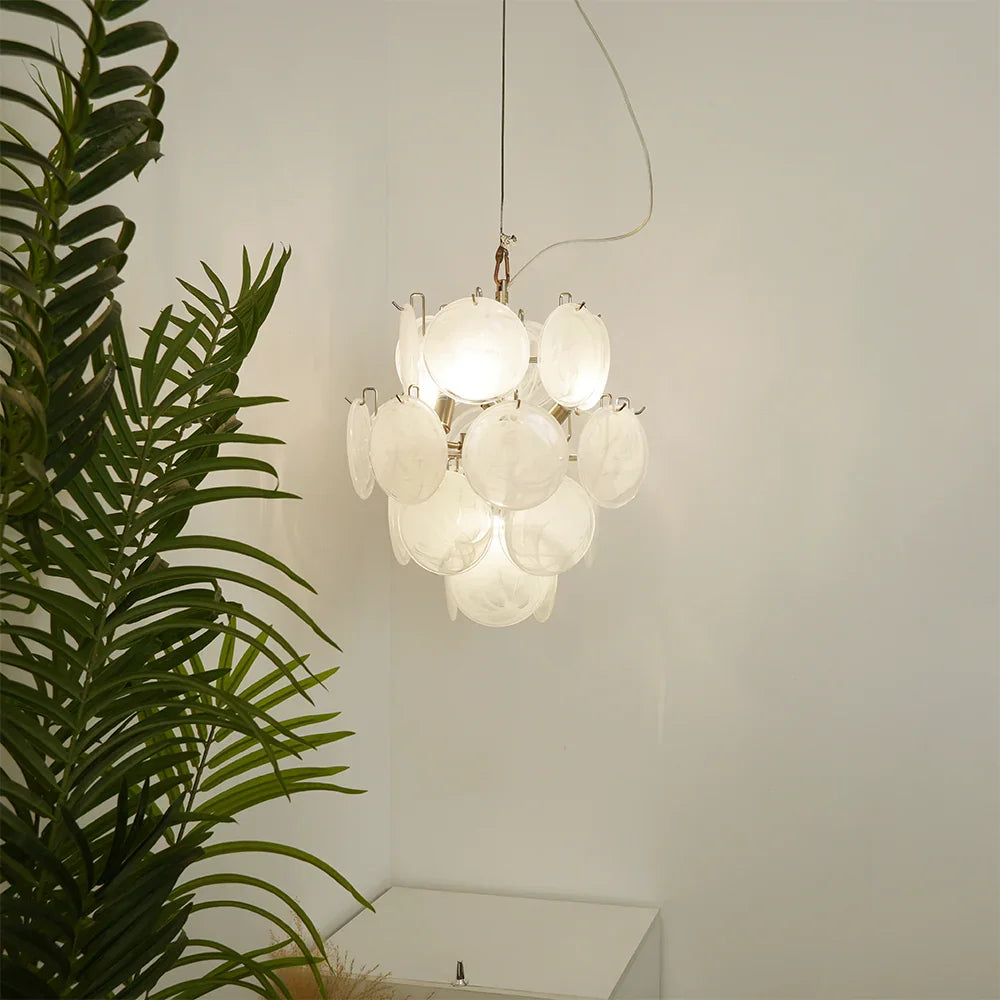 White Murano Disc Glass Chandelier - view 2 | Metavaya