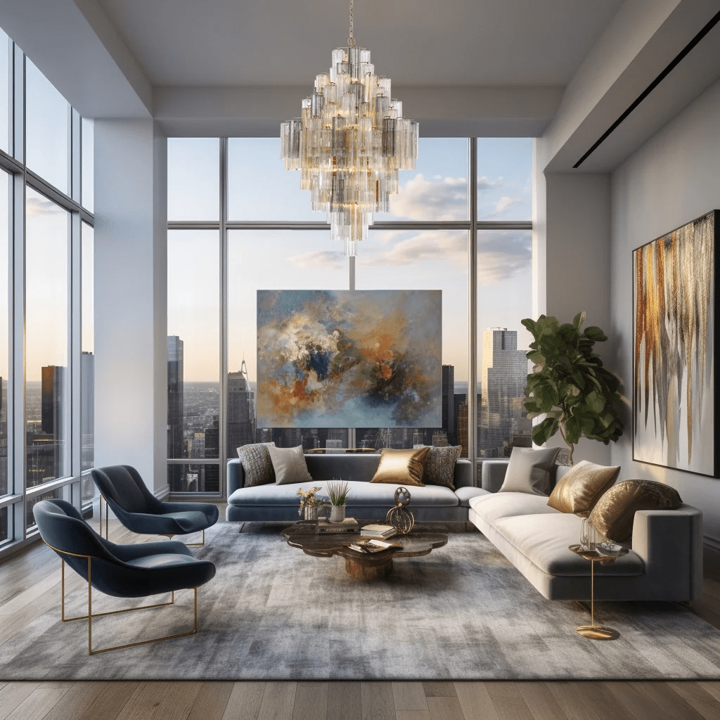 Addis Diamond Chandelier with amber glass in a modern high-rise living room with city view