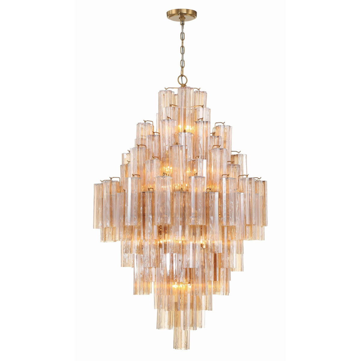 Addis Diamond Chandelier with amber glass tubes and gold frame, on white background