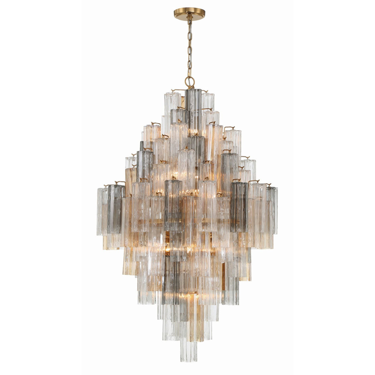 Addis Diamond Chandelier with clear glass tubes and gold frame, on white background