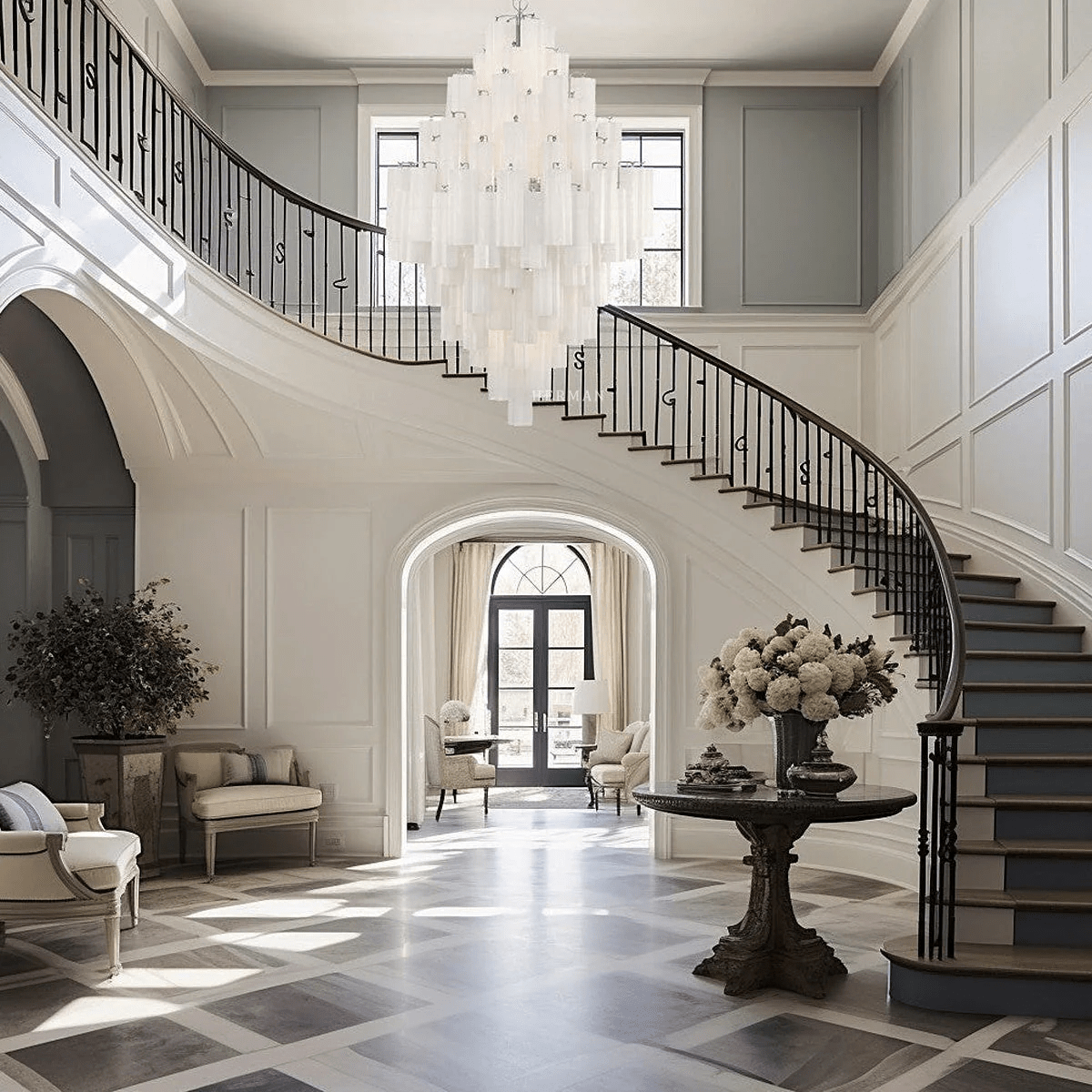 Addis Diamond Chandelier with clear glass hanging in a grand staircase with black railings