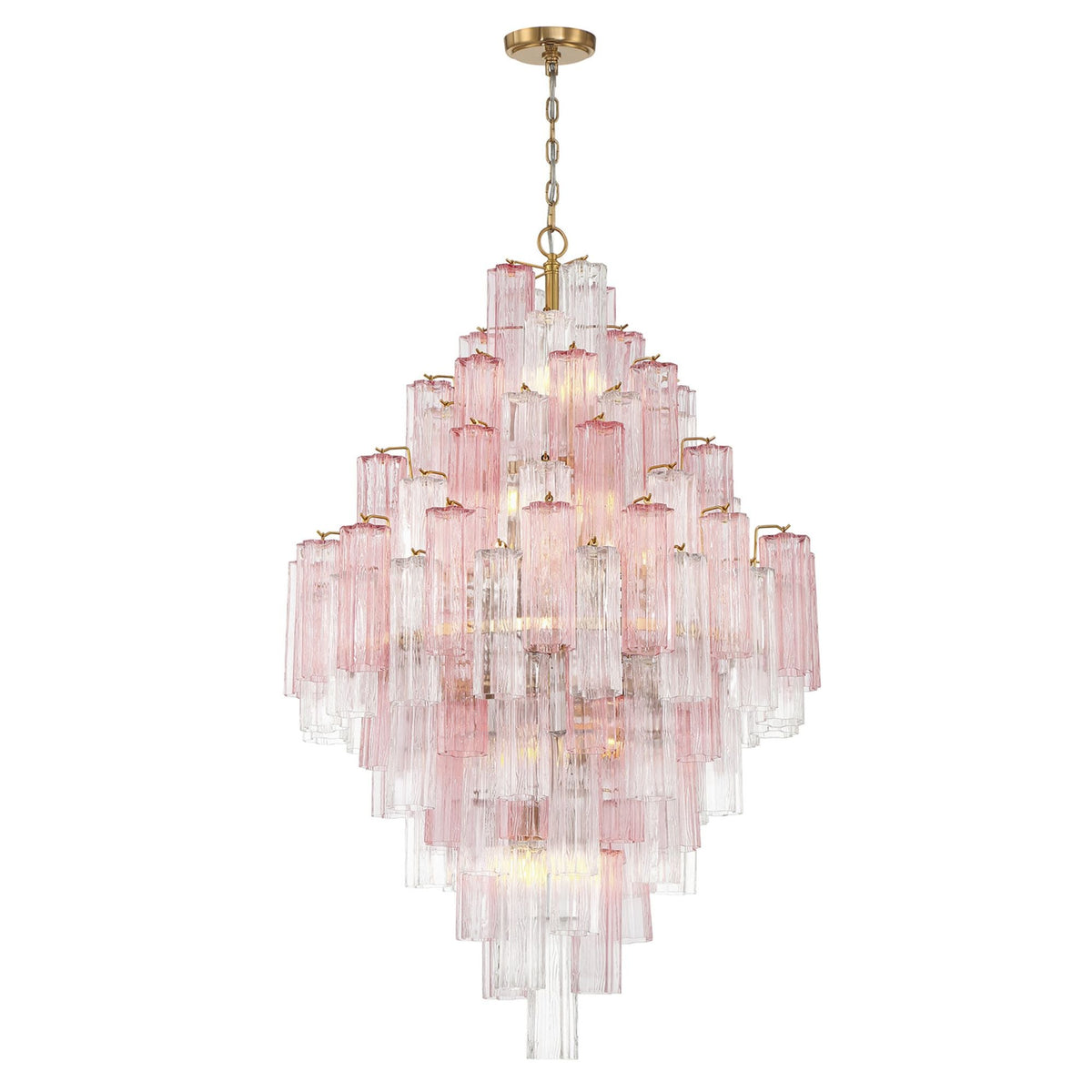 Addis Diamond Chandelier with pink glass tubes and gold frame, on white background