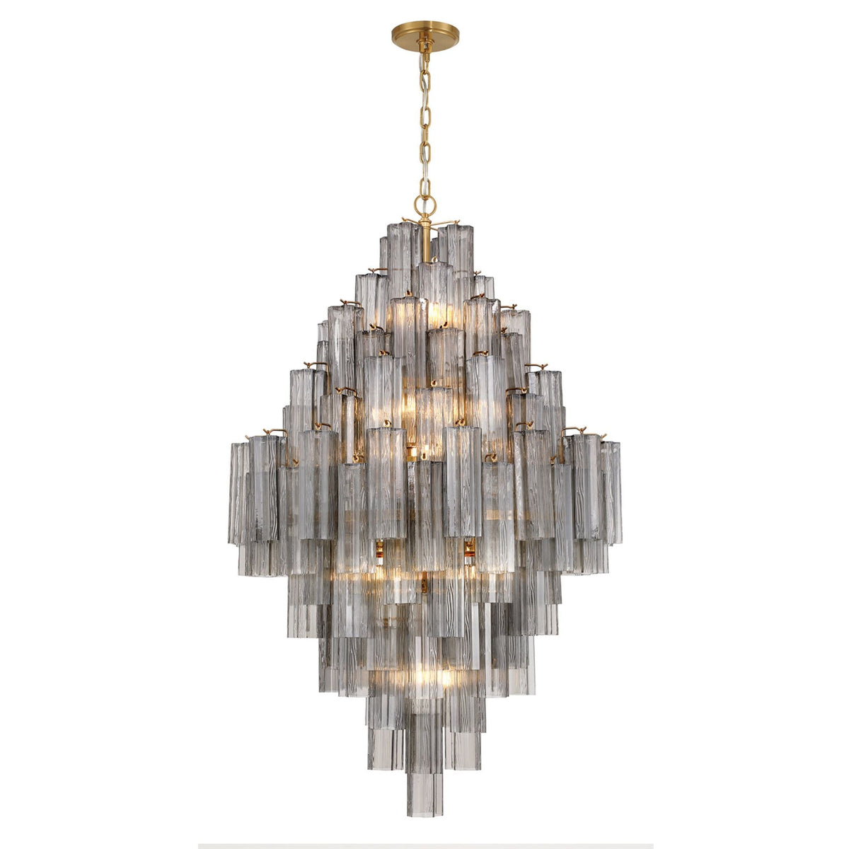 Addis Diamond Chandelier with smoke glass tubes and gold frame, on white background