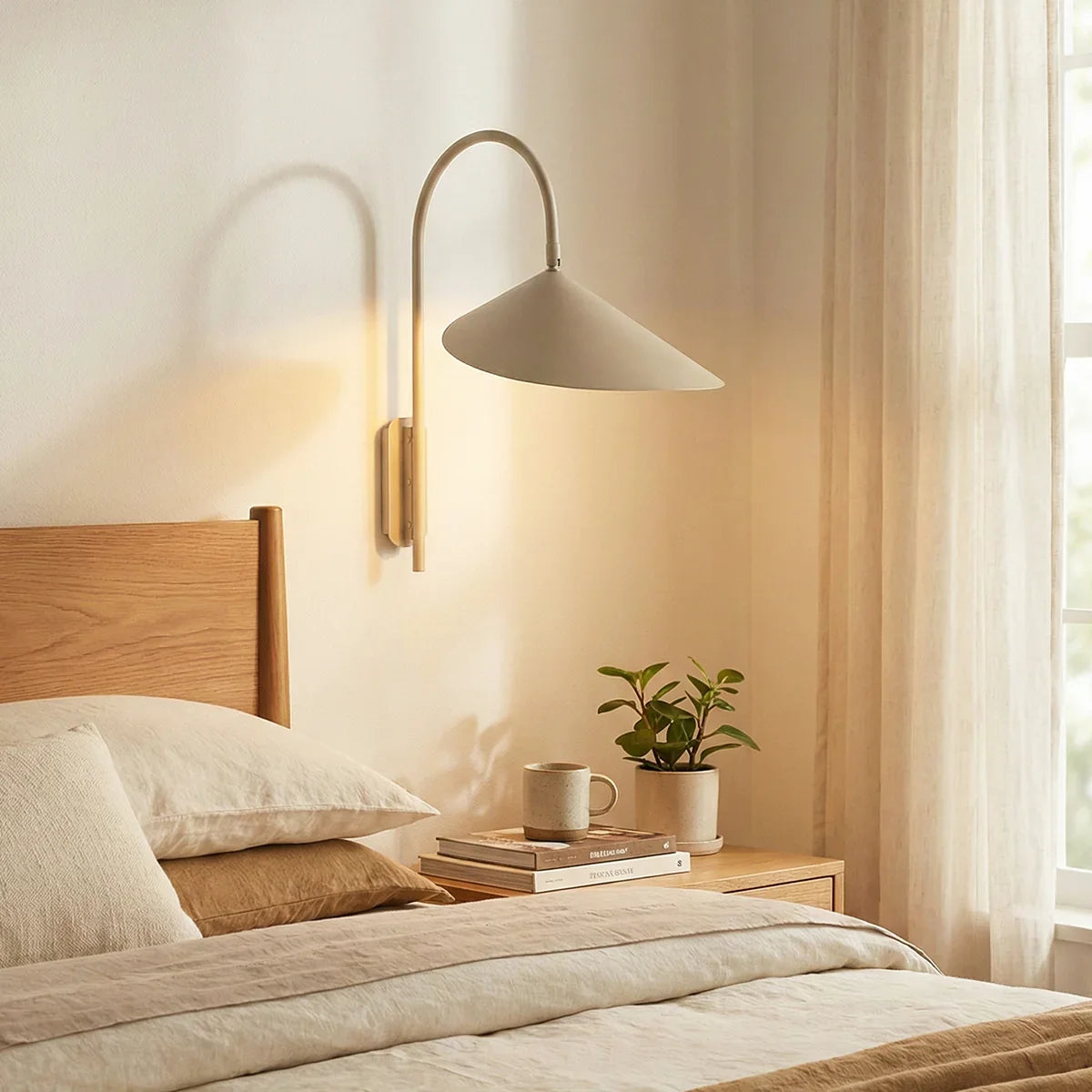Arum Swivel Wall Lamp (matte black and brass) mounted above a bed in a cozy bedroom