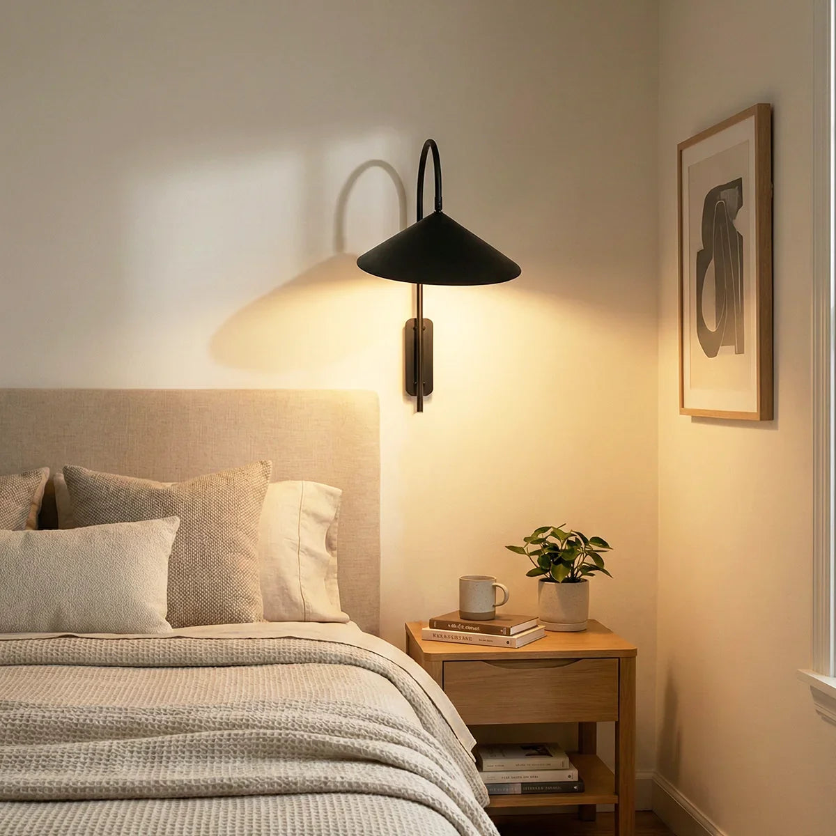 Arum Swivel Wall Lamp in matte black above a bed in a minimalist bedroom