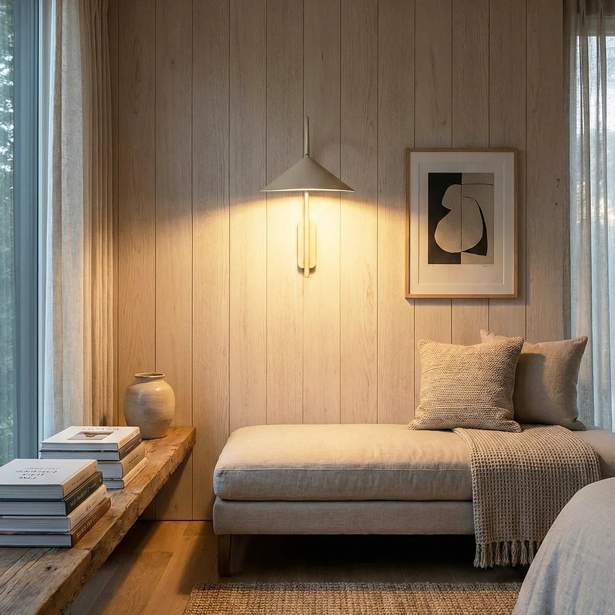 Arum Swivel Wall Lamp mounted on a light wooden wall in a bright reading nook