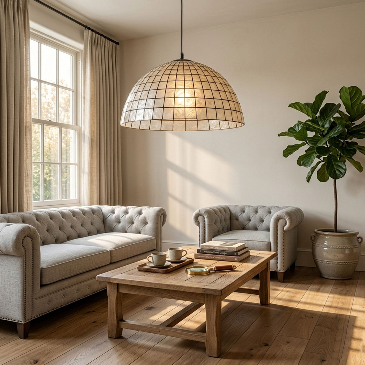 Capiz Shell Dome Pendant Light hanging in a cozy modern living room with warm ambient light Metavaya