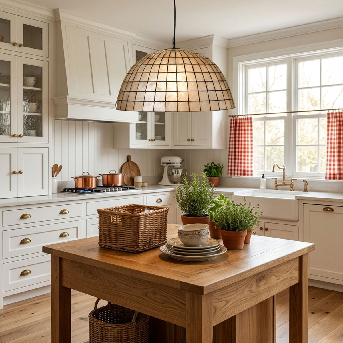 Capiz Shell Dome Pendant Light hanging in a bright open-plan kitchen dining area Metavaya