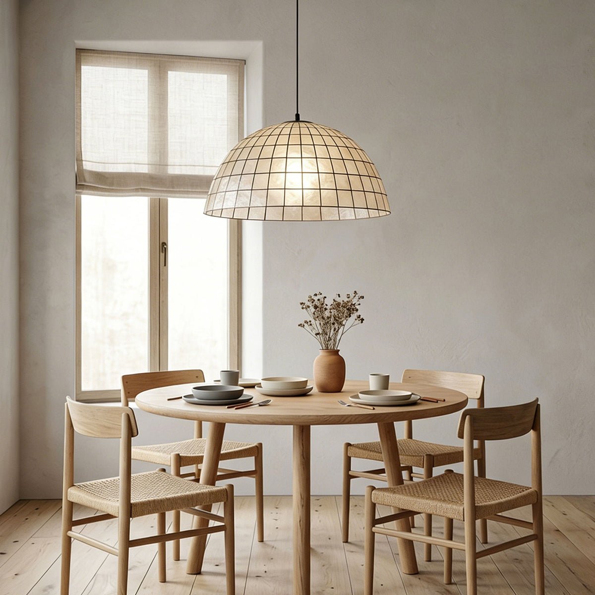Capiz Shell Dome Pendant Light in a minimalist dining room with natural wood furniture Metavaya