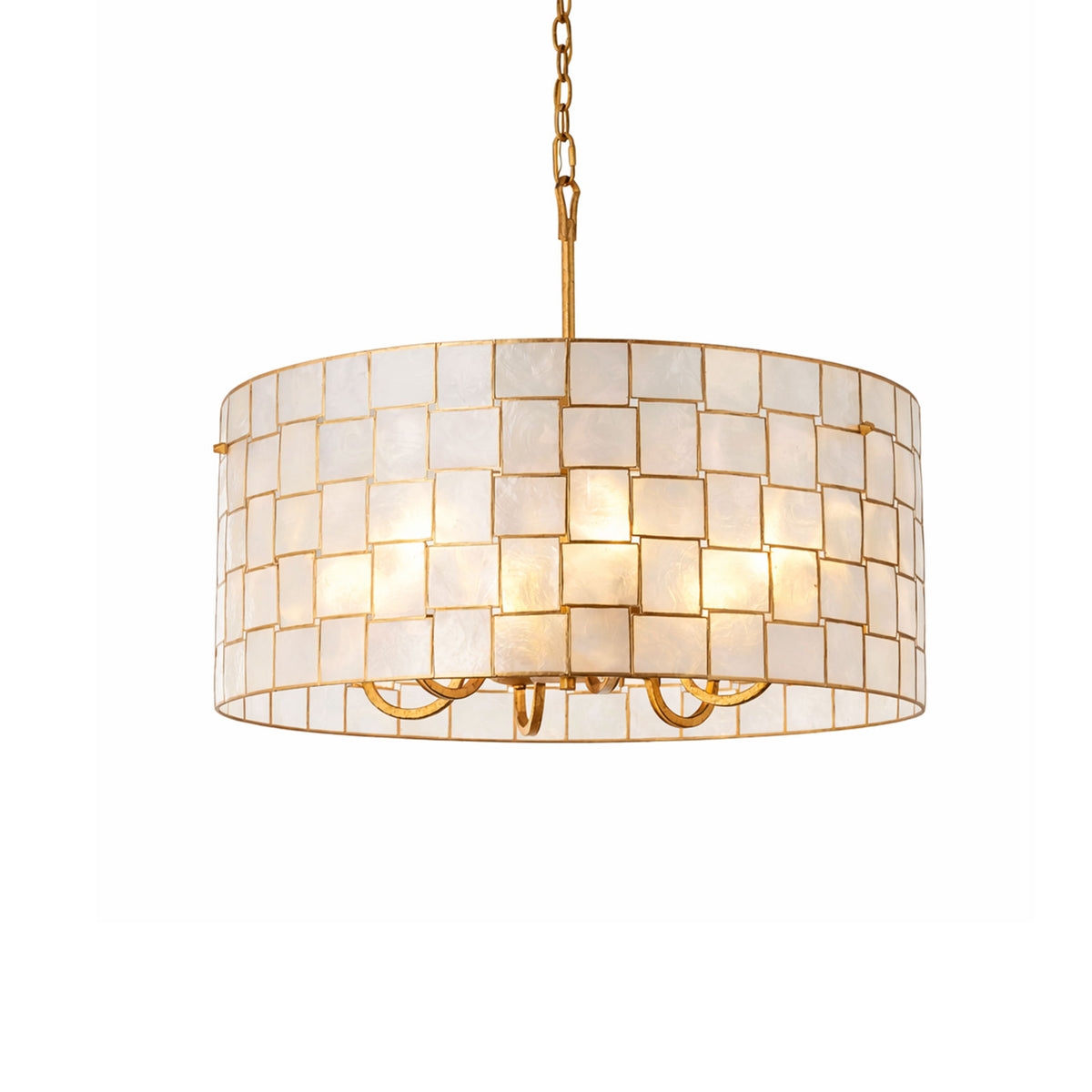 Capiz Shell Drum Chandelier with gold frame, studio shot on plain white background Metavaya