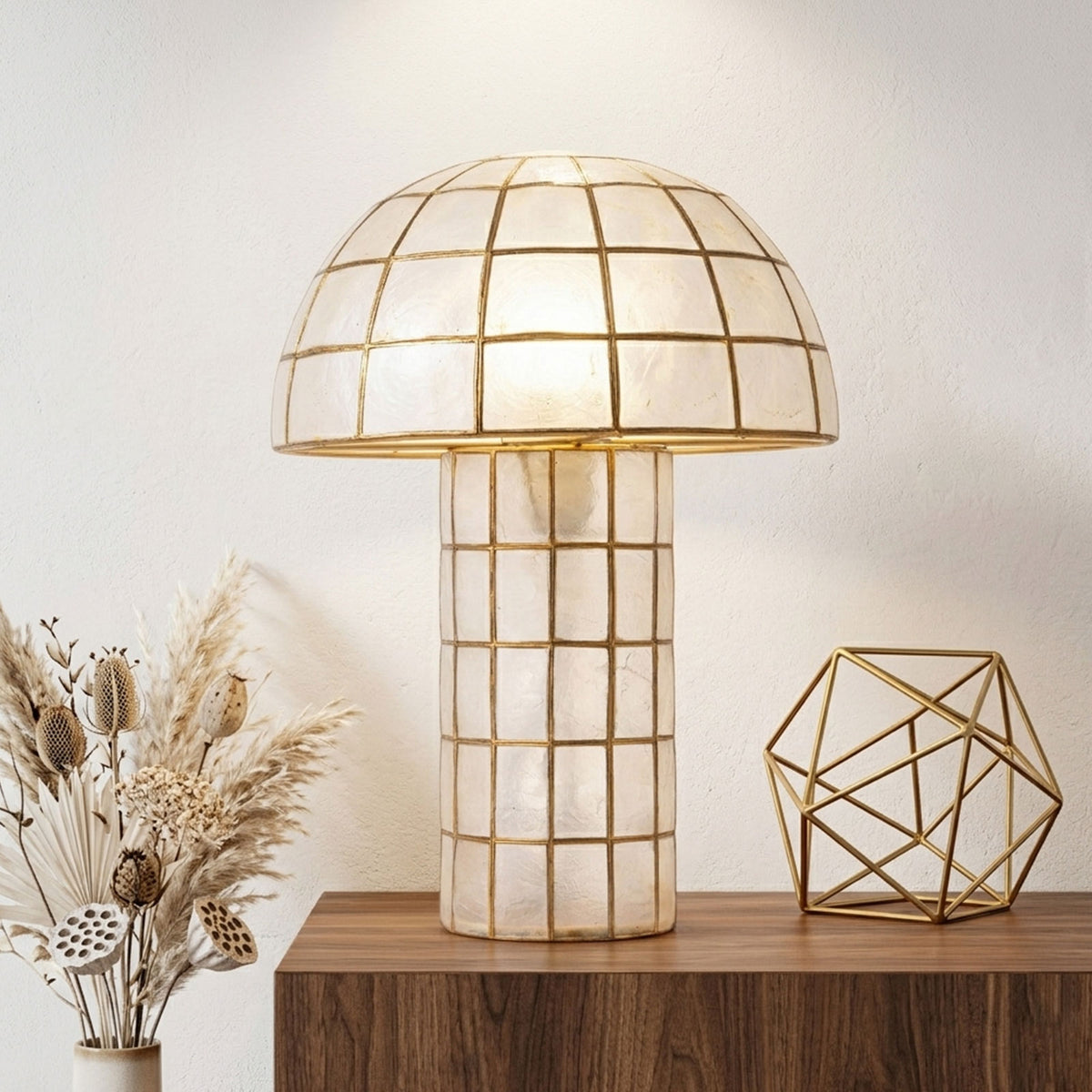 Capiz Shell Mushroom Table Lamp close-up on a wooden side table with dried flowers decor Metavaya