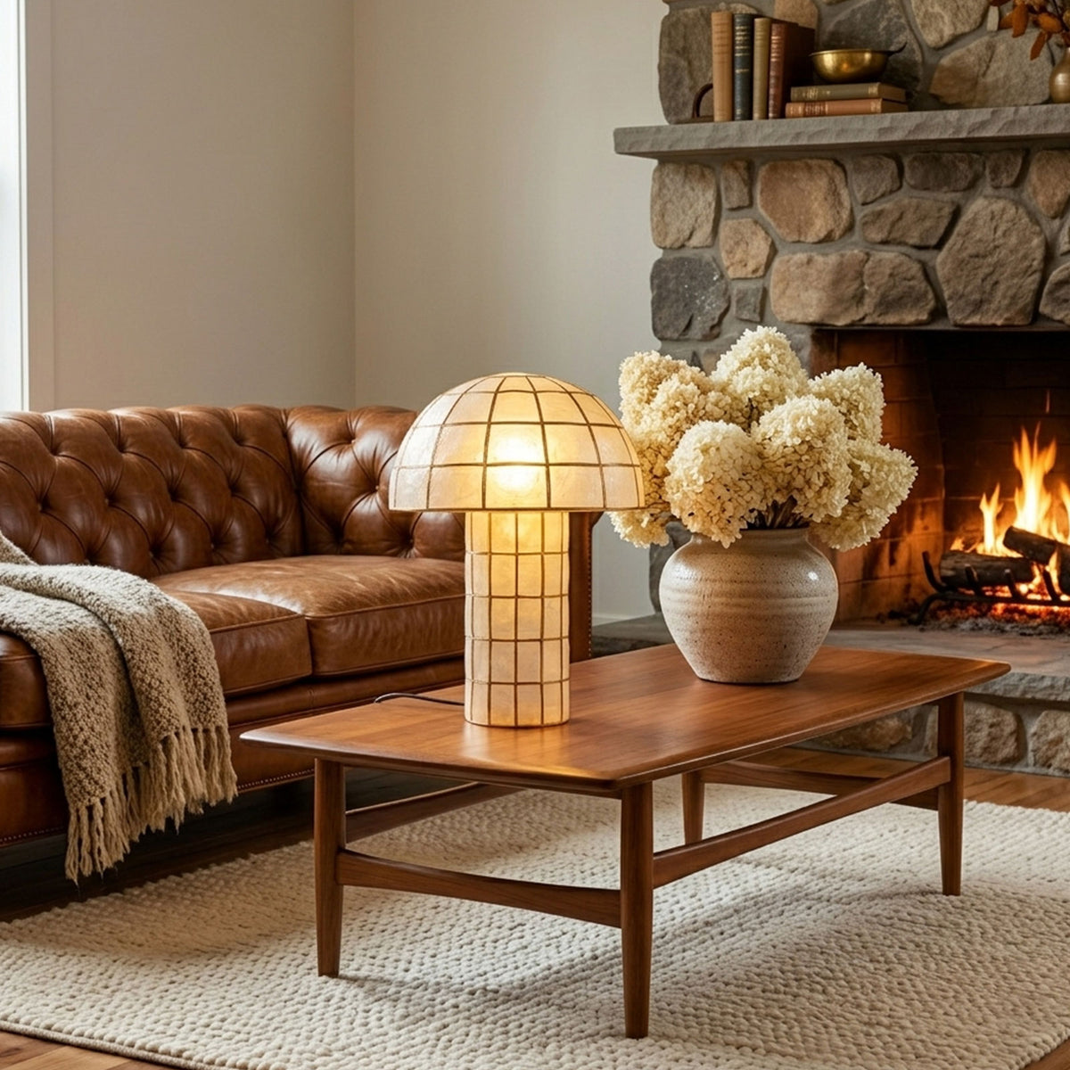 Capiz Shell Mushroom Table Lamp on a wooden desk in a modern home office Metavaya