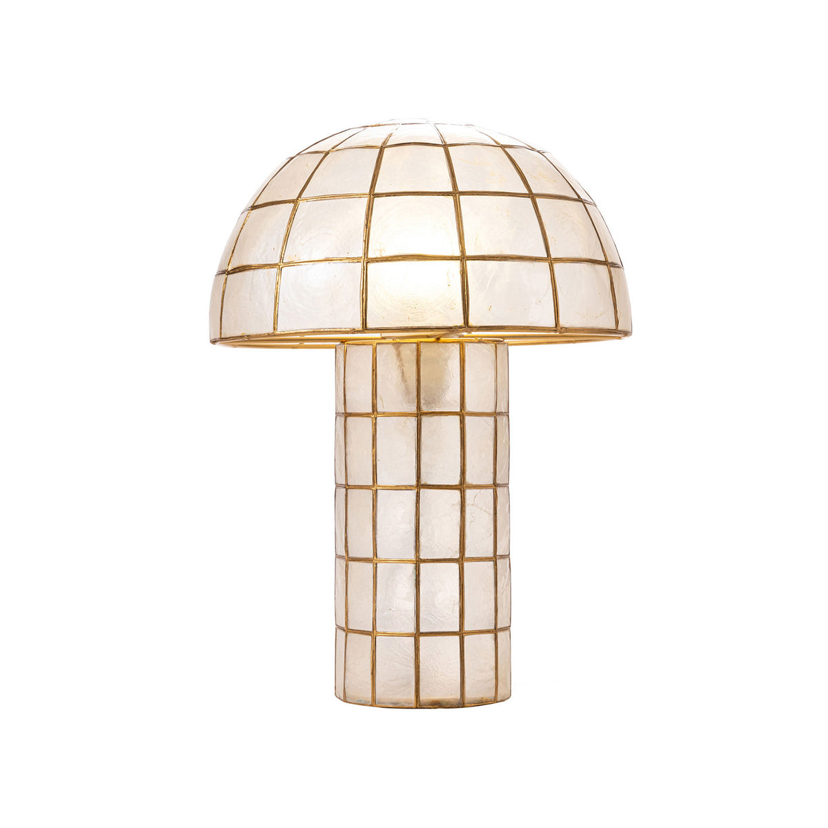 Capiz Shell Mushroom Table Lamp with gold grid frame, studio shot on plain white background Metavaya