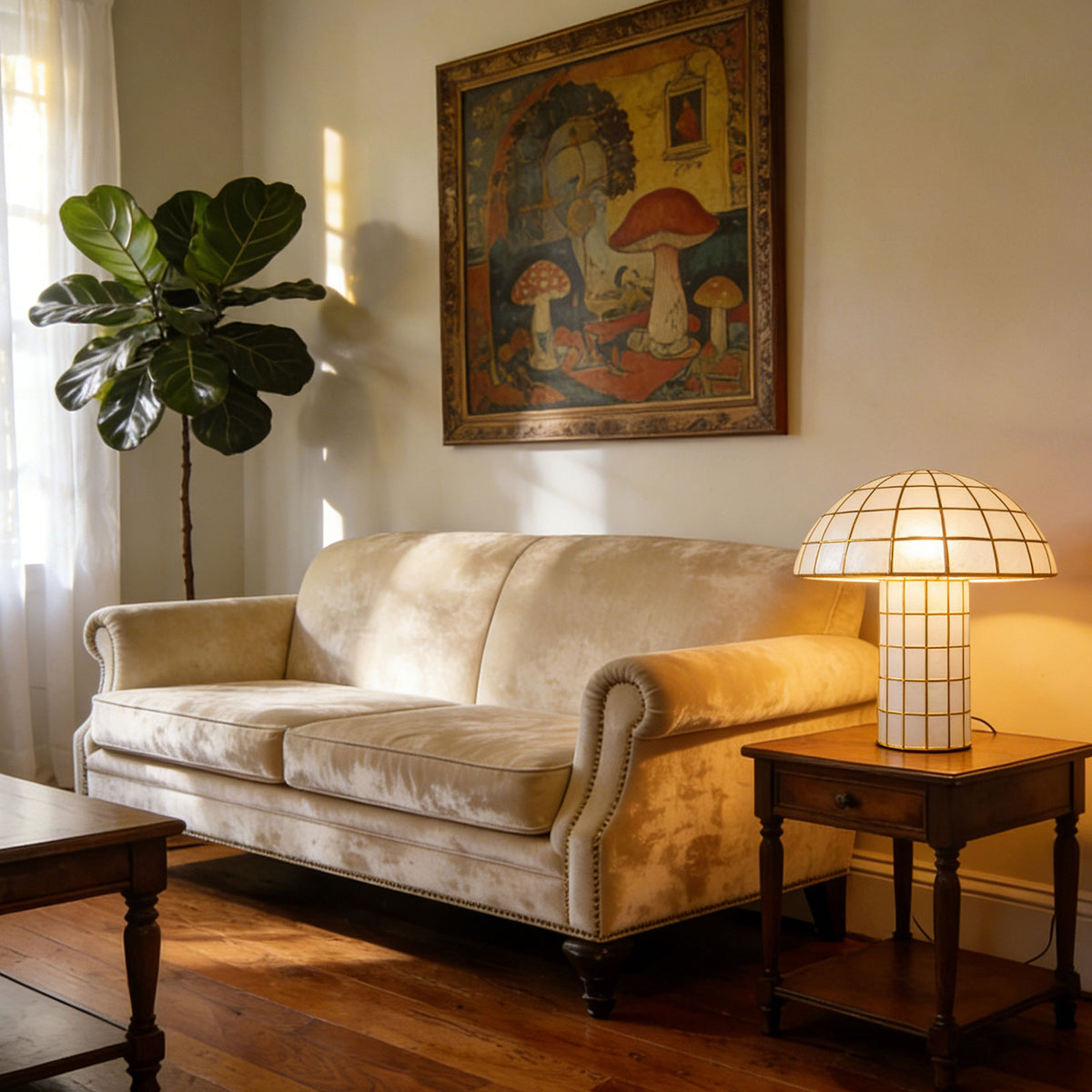 Capiz Shell Mushroom Table Lamp on a wooden side table in a retro-style living room Metavaya