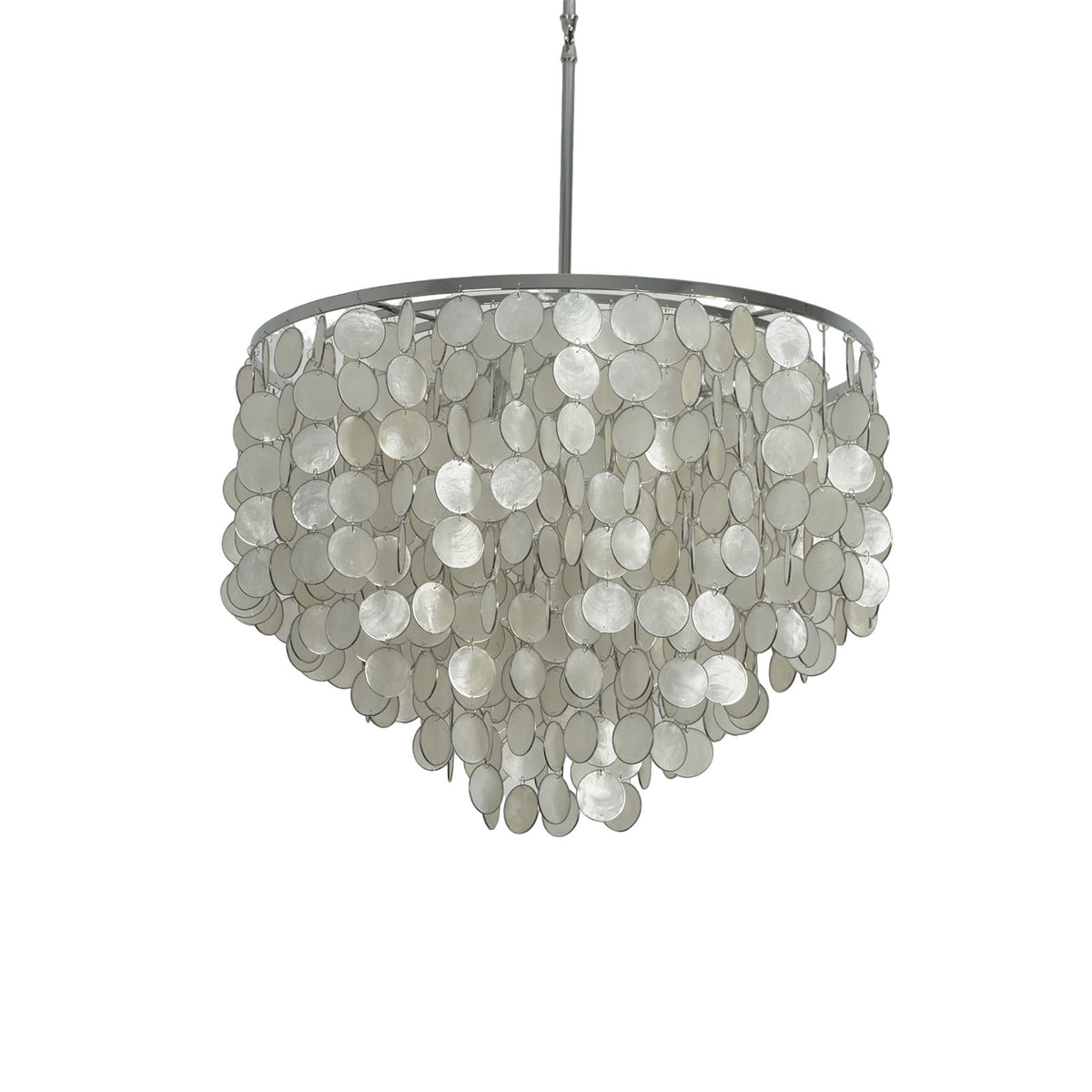 Capiz shell round chandelier with cascading shell discs, isolated on a plain white background.