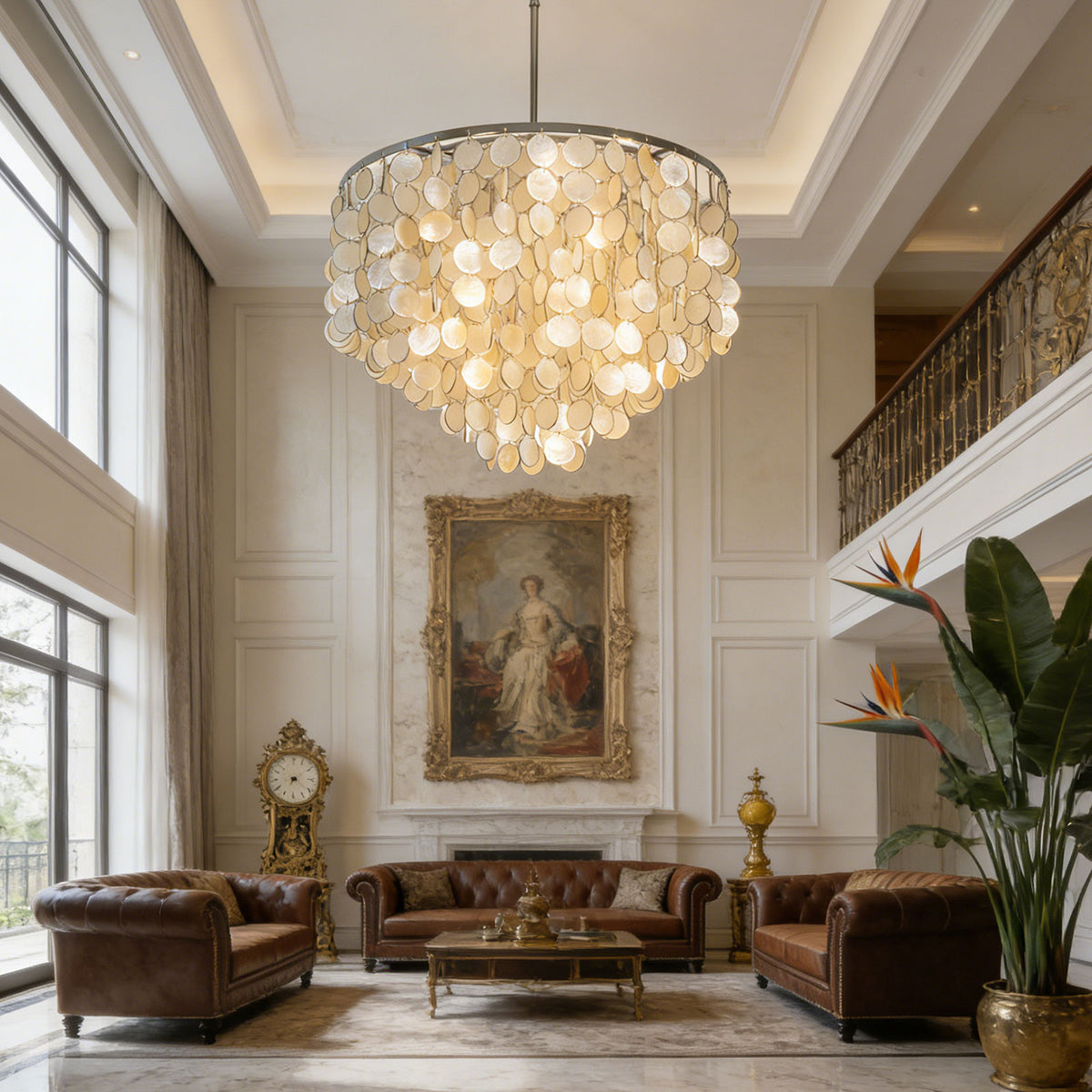 Capiz shell round chandelier hanging in a bright traditional living room with high ceilings.