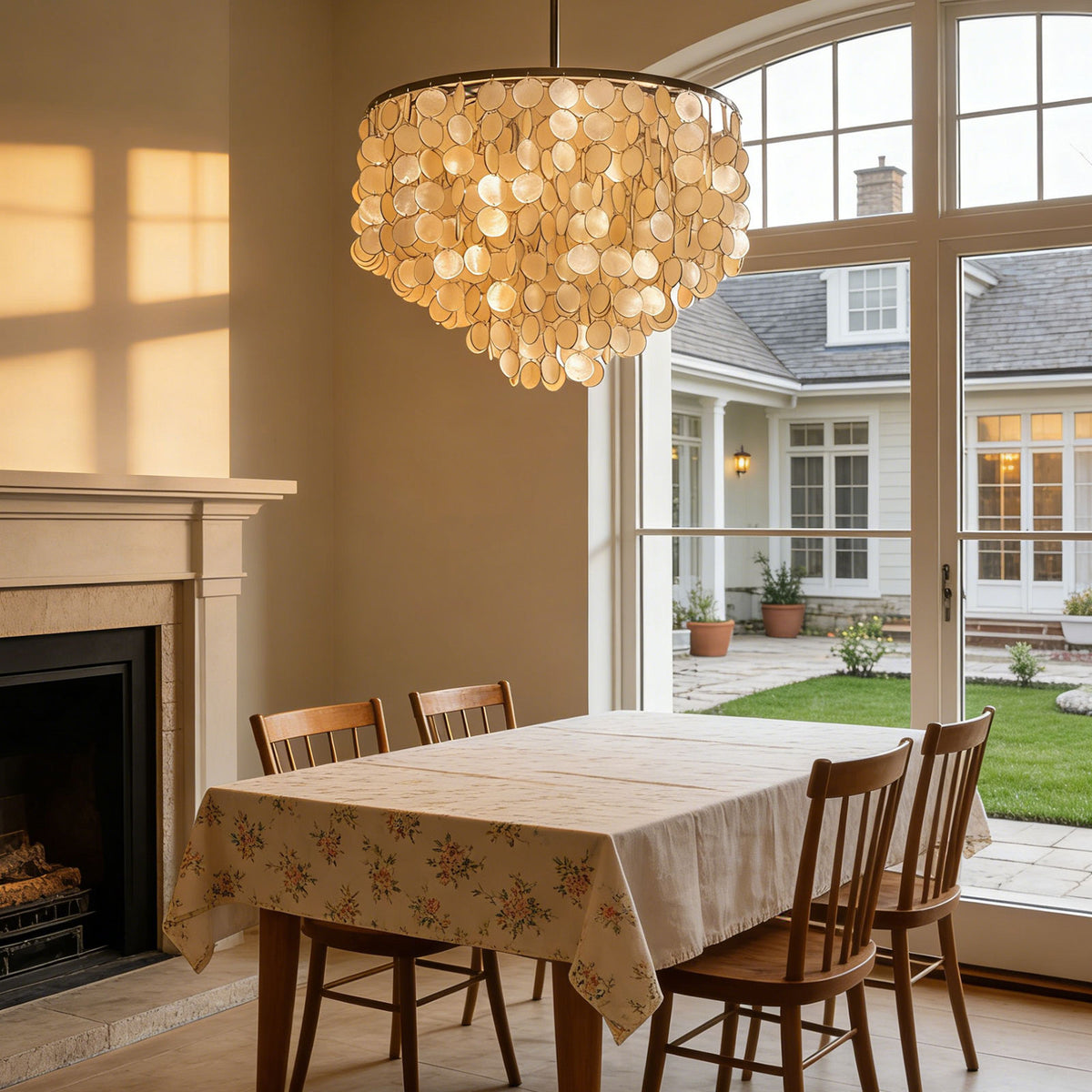 Capiz shell round chandelier hanging in a sunlit dining room with large windows and a fireplace.