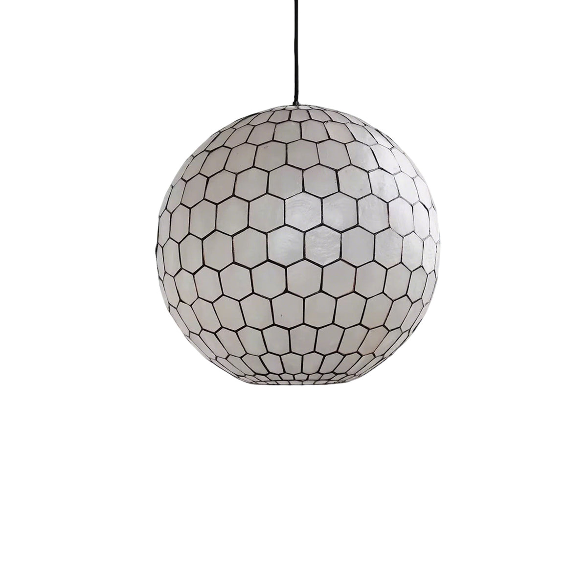 Coastal seashell globe pendant light with hexagonal shell pattern isolated on a plain white background.