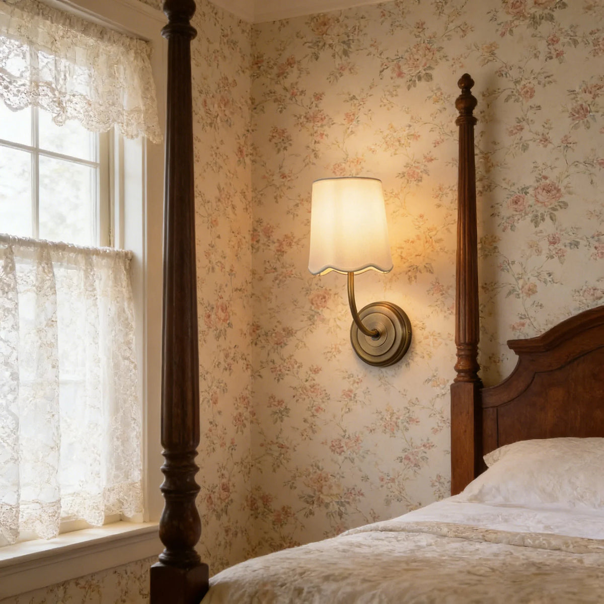 Lit Curved Arm Fabric Wall Sconce in a vintage bedroom with floral wallpaper