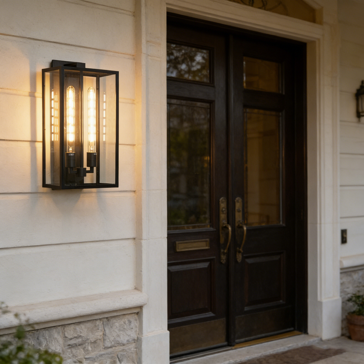 Faraday outdoor wall sconce mounted beside a pair of black double front doors.