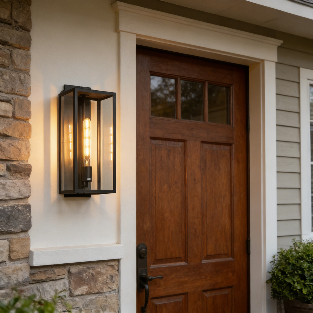 Faraday outdoor wall sconce mounted beside a wooden front door with sidelights.