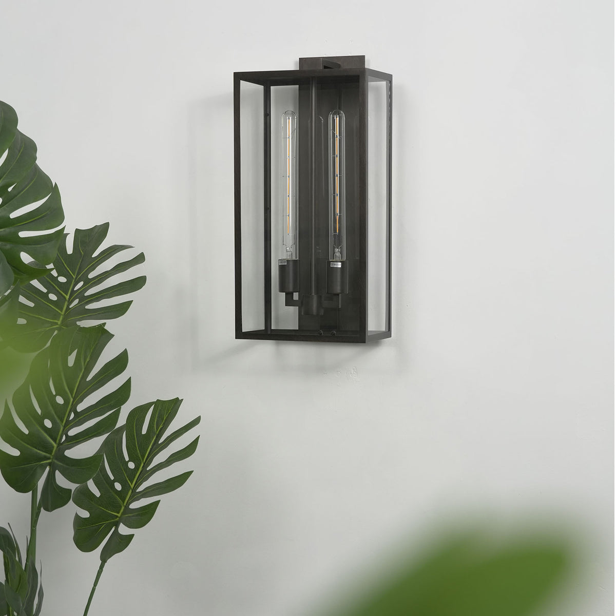 Close-up of the clear glass panel and filament bulb inside the Faraday outdoor wall sconce.