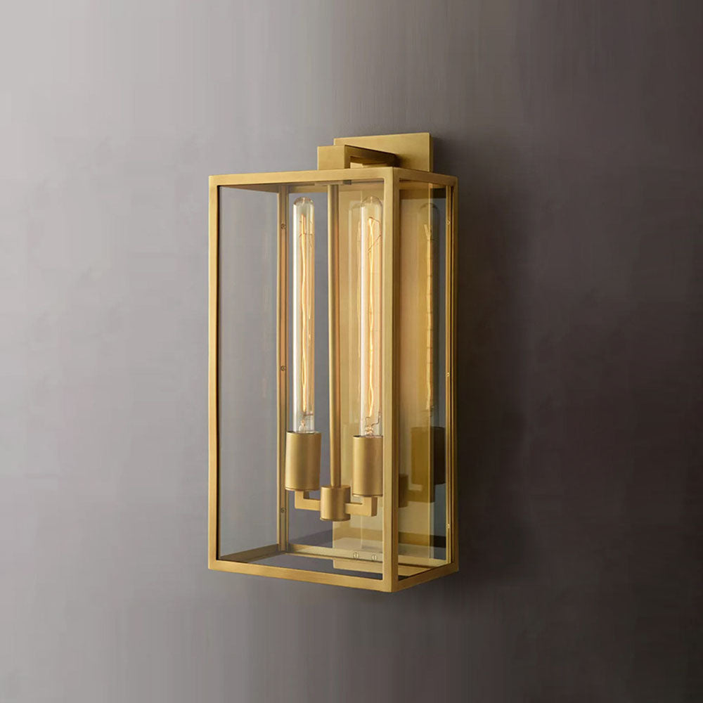 Close-up of the clear glass panel edges and black metal frame on the Faraday sconce.