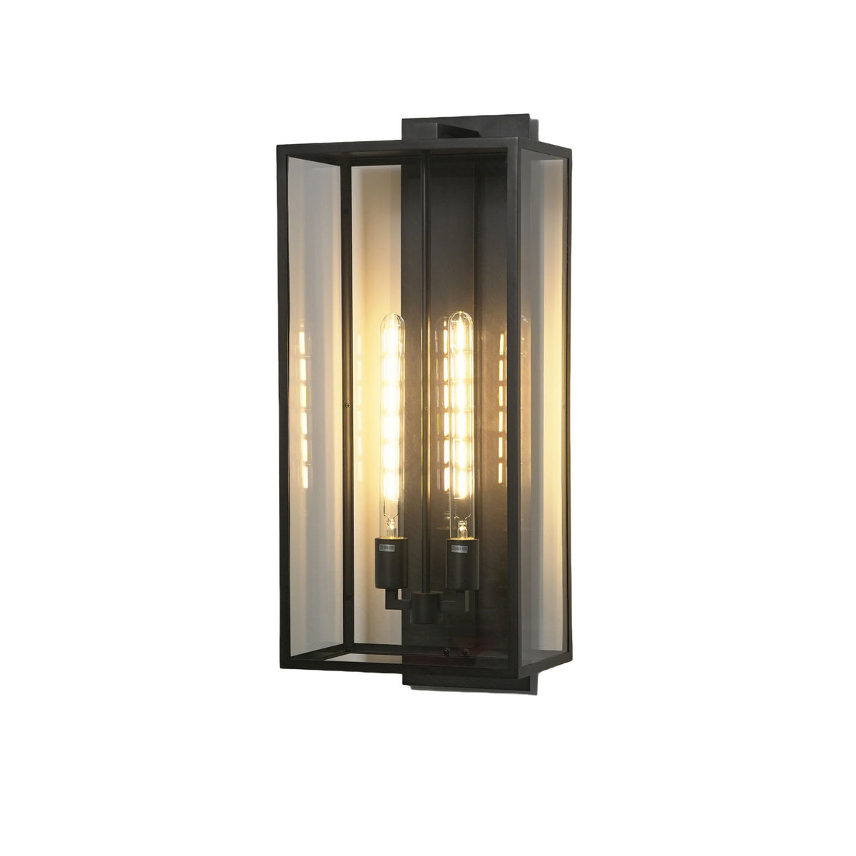 Close-up of the clear glass panels and matte black metal frame on the Faraday sconce.