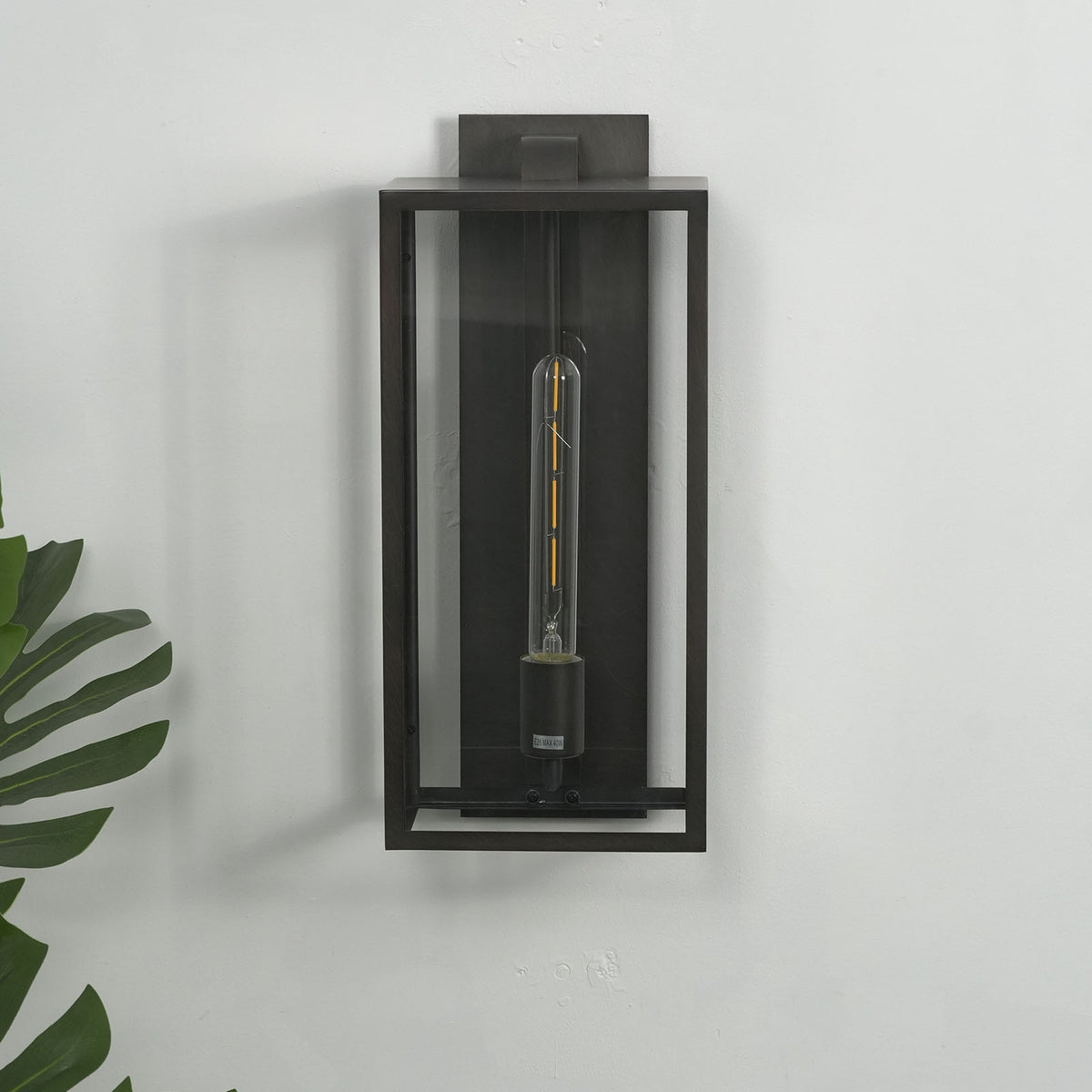 Close-up of the clear glass enclosure and bulb socket inside the Faraday wall sconce.