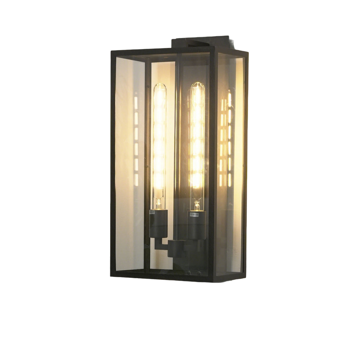 Faraday outdoor wall sconce with a black metal frame and clear glass panels, isolated on a plain white background.