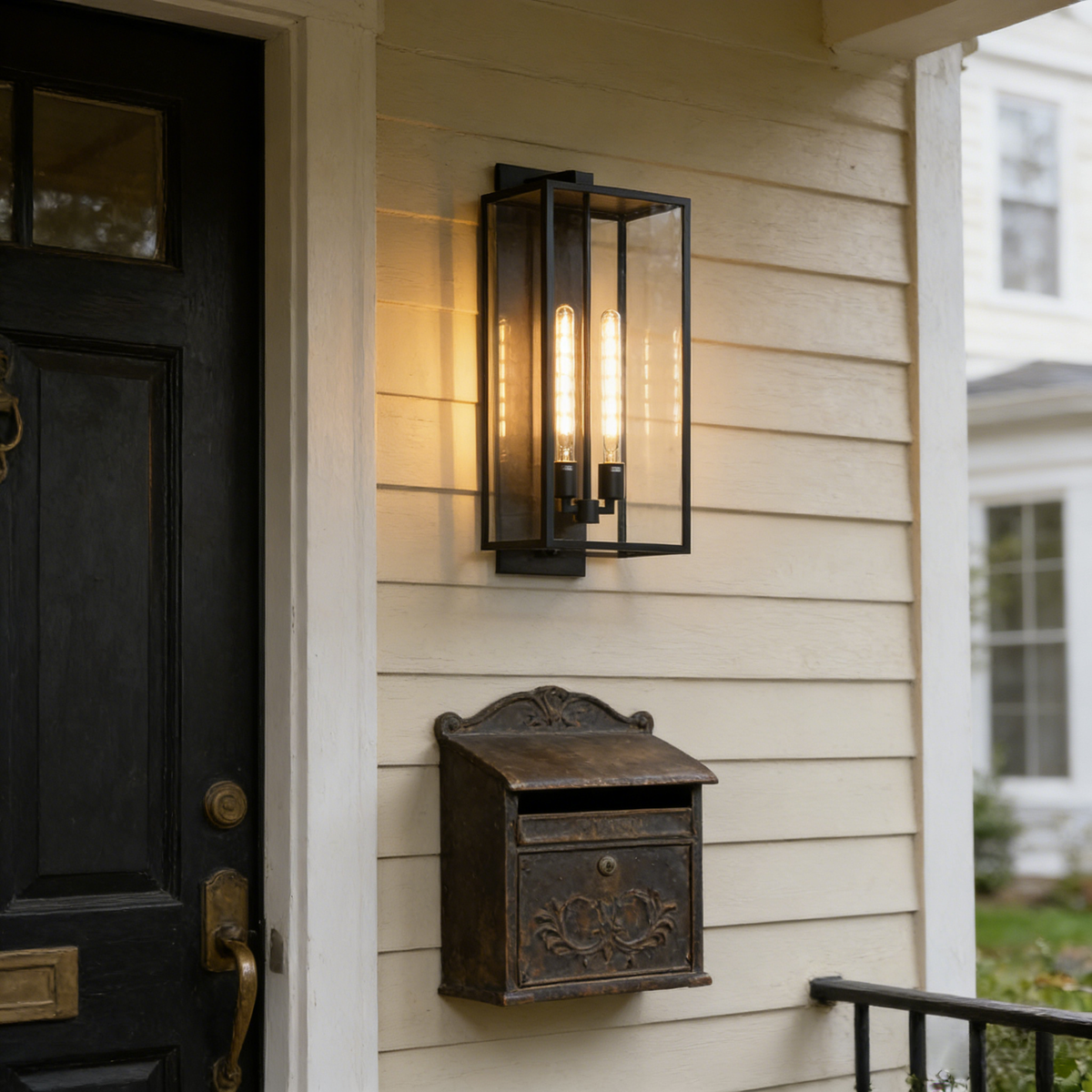 Faraday outdoor wall sconce mounted above a vintage mailbox on a white siding wall.
