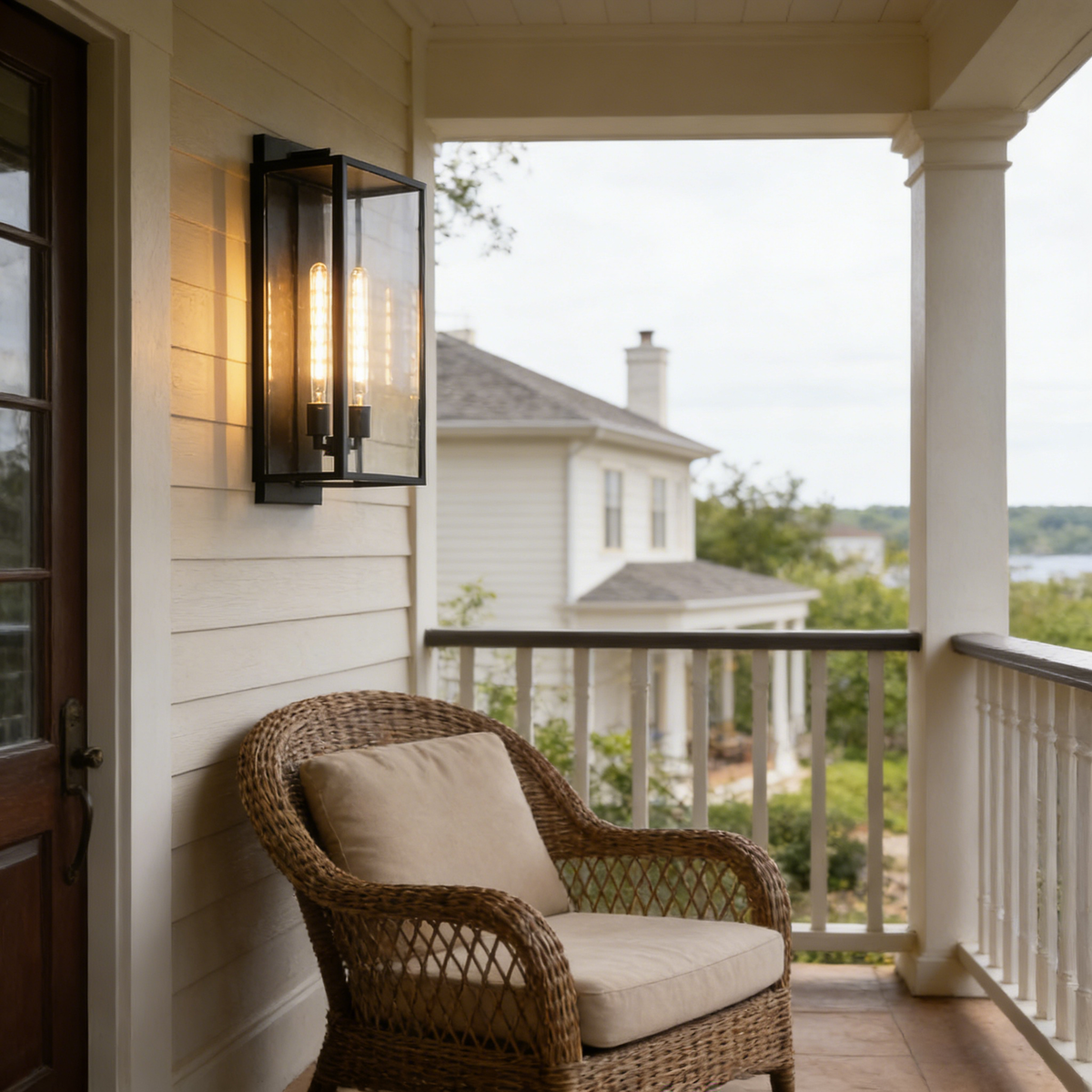 Faraday outdoor wall sconce mounted on a patio wall beside a wicker chair.