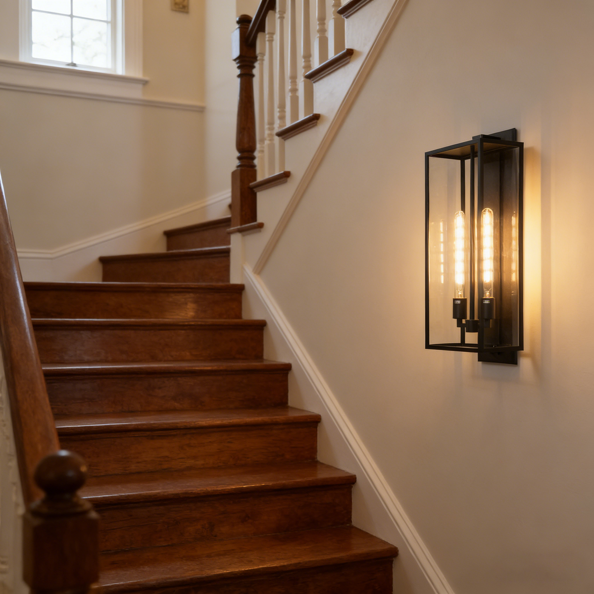 Faraday outdoor wall sconce mounted on the wall beside an indoor wooden staircase.