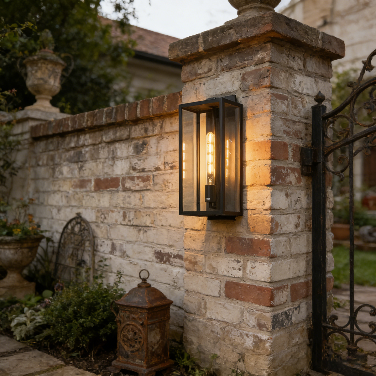 Faraday outdoor wall sconce mounted on a rustic stone garden wall with greenery.