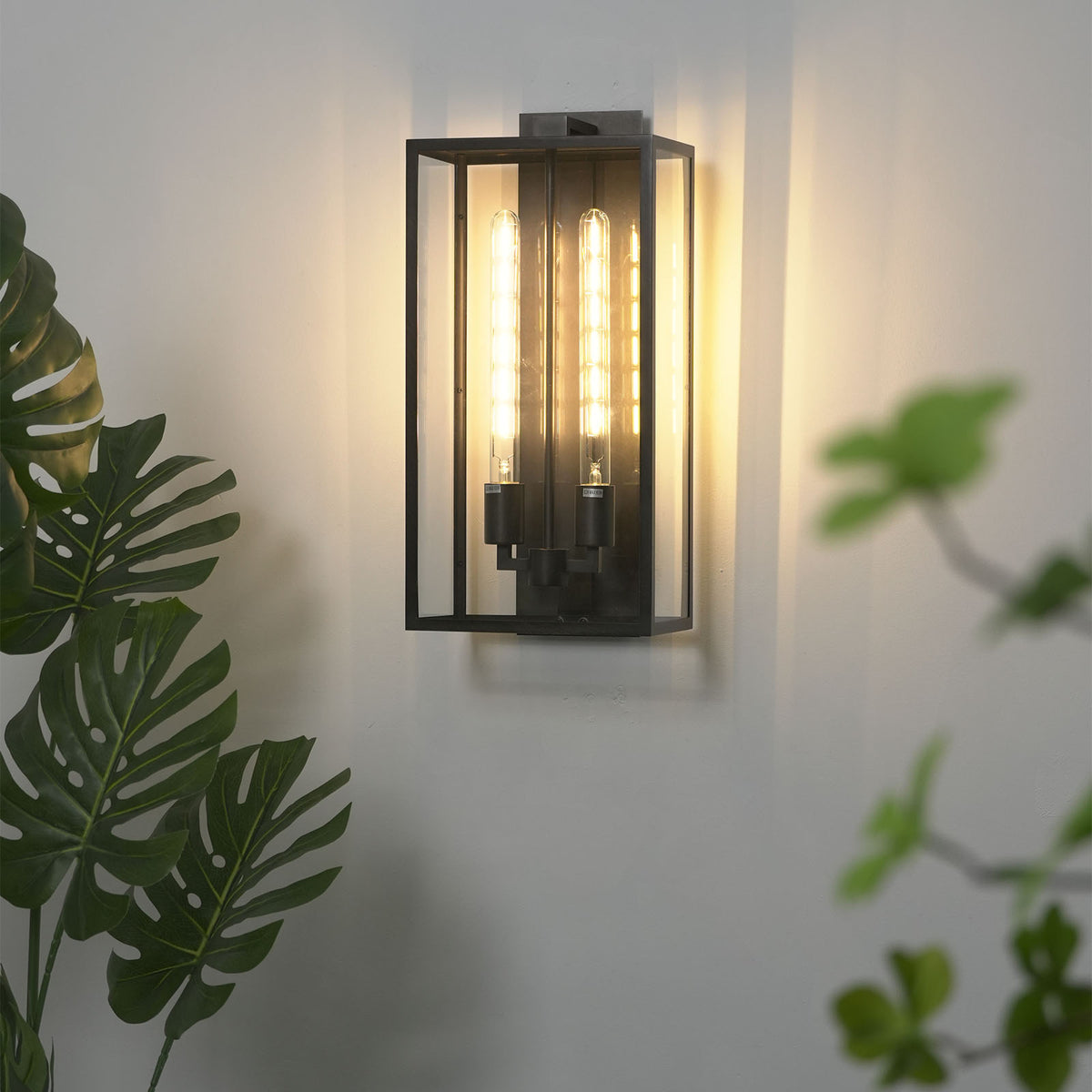 Faraday outdoor wall sconce mounted on a light wall with tropical monstera plants.