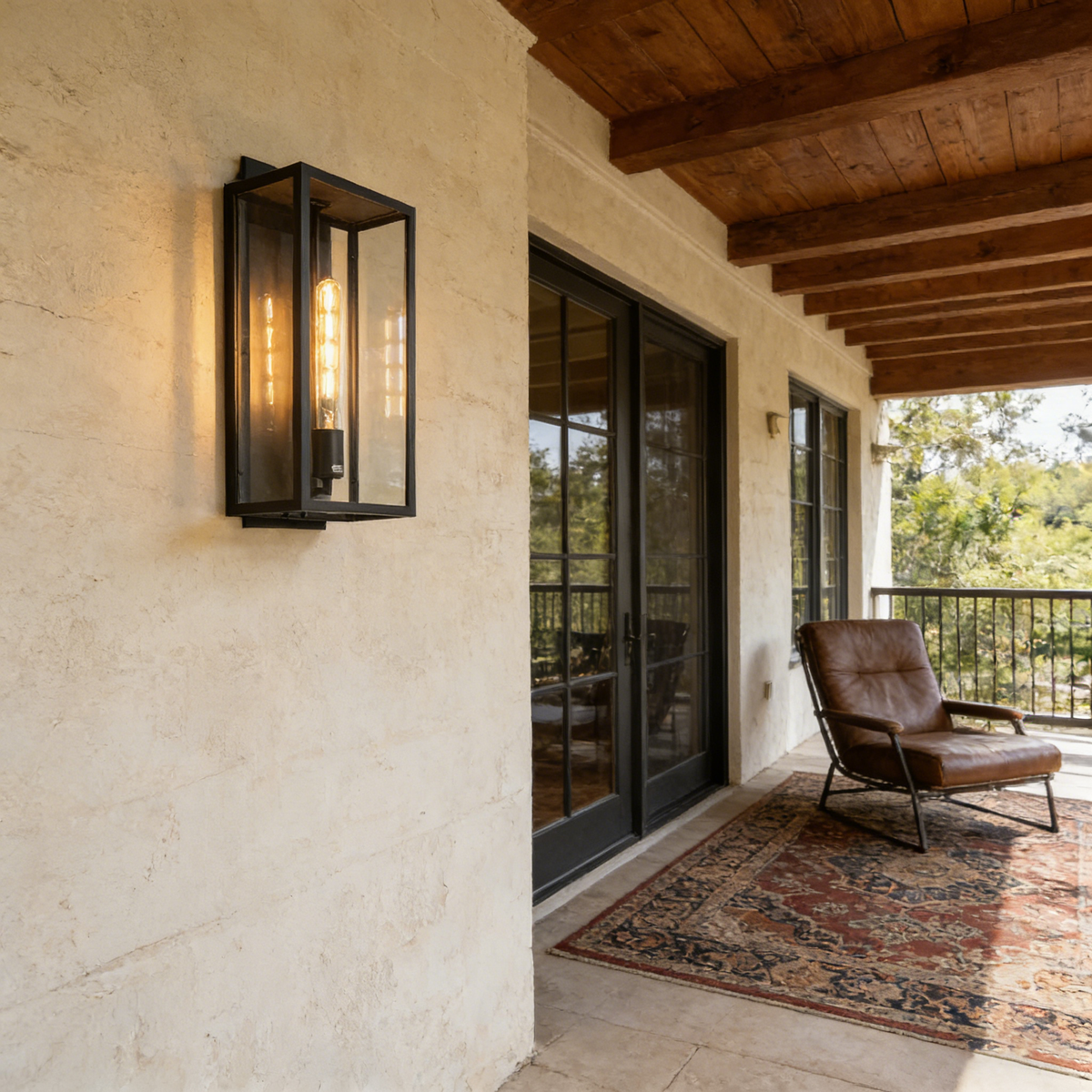 Faraday outdoor wall sconce mounted on a porch ceiling with wooden beams.