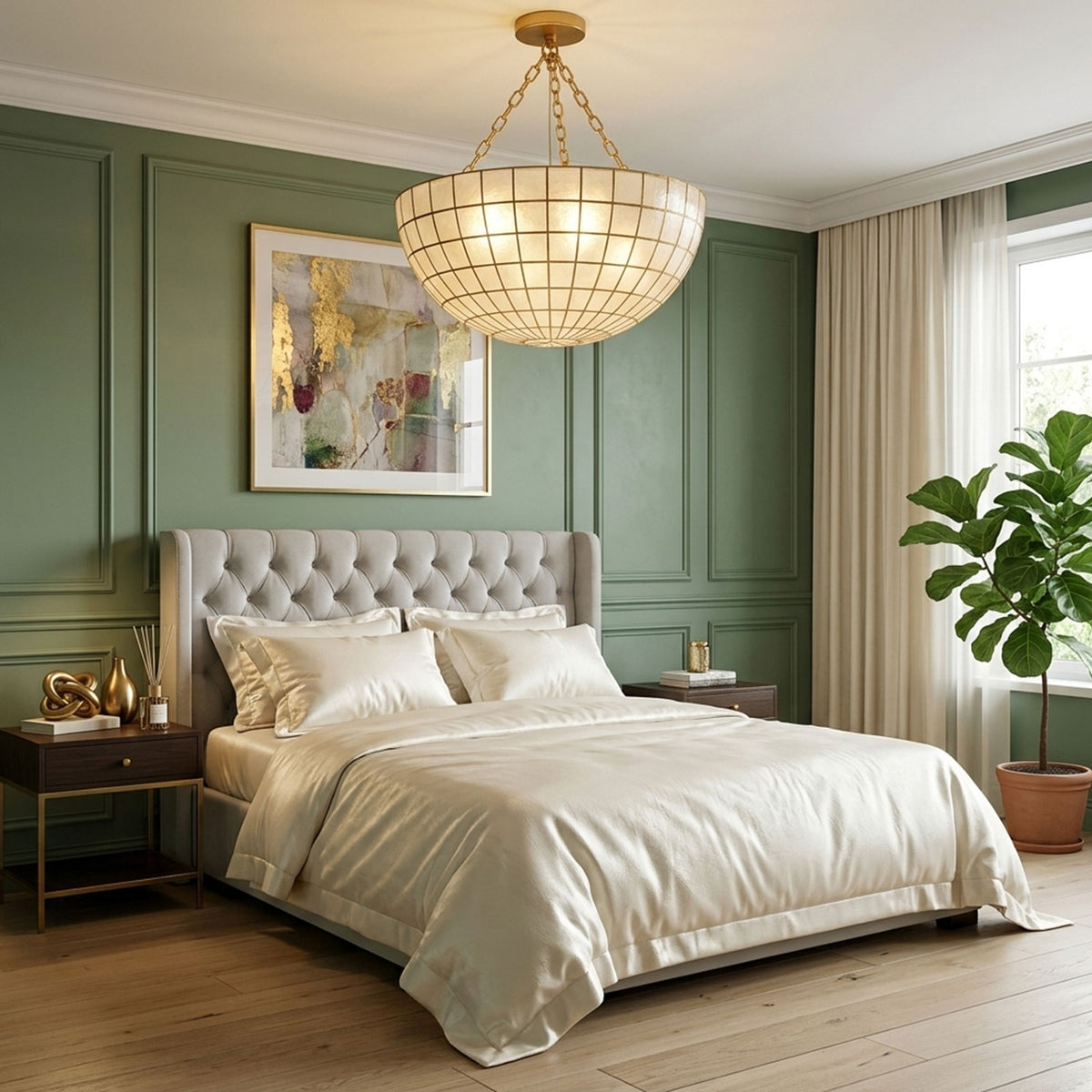 Gold grid capiz shell ceiling light above a tufted bed in a cozy bedroom Metavaya