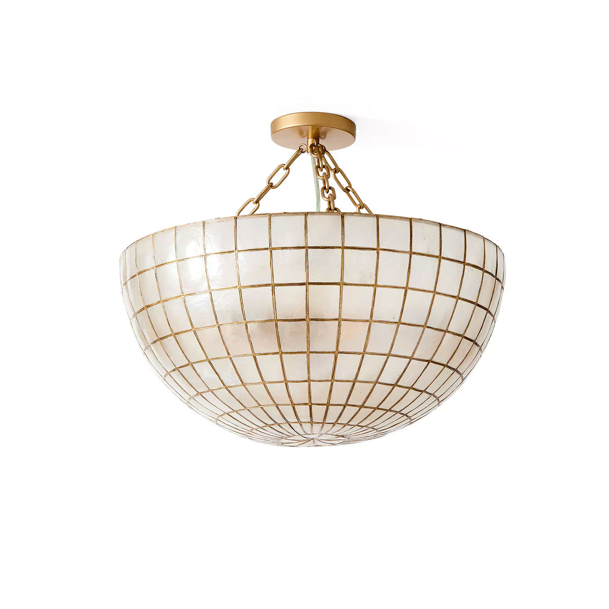 Gold grid capiz shell semi flush mount ceiling light with warm glow, studio shot on plain white background Metavaya