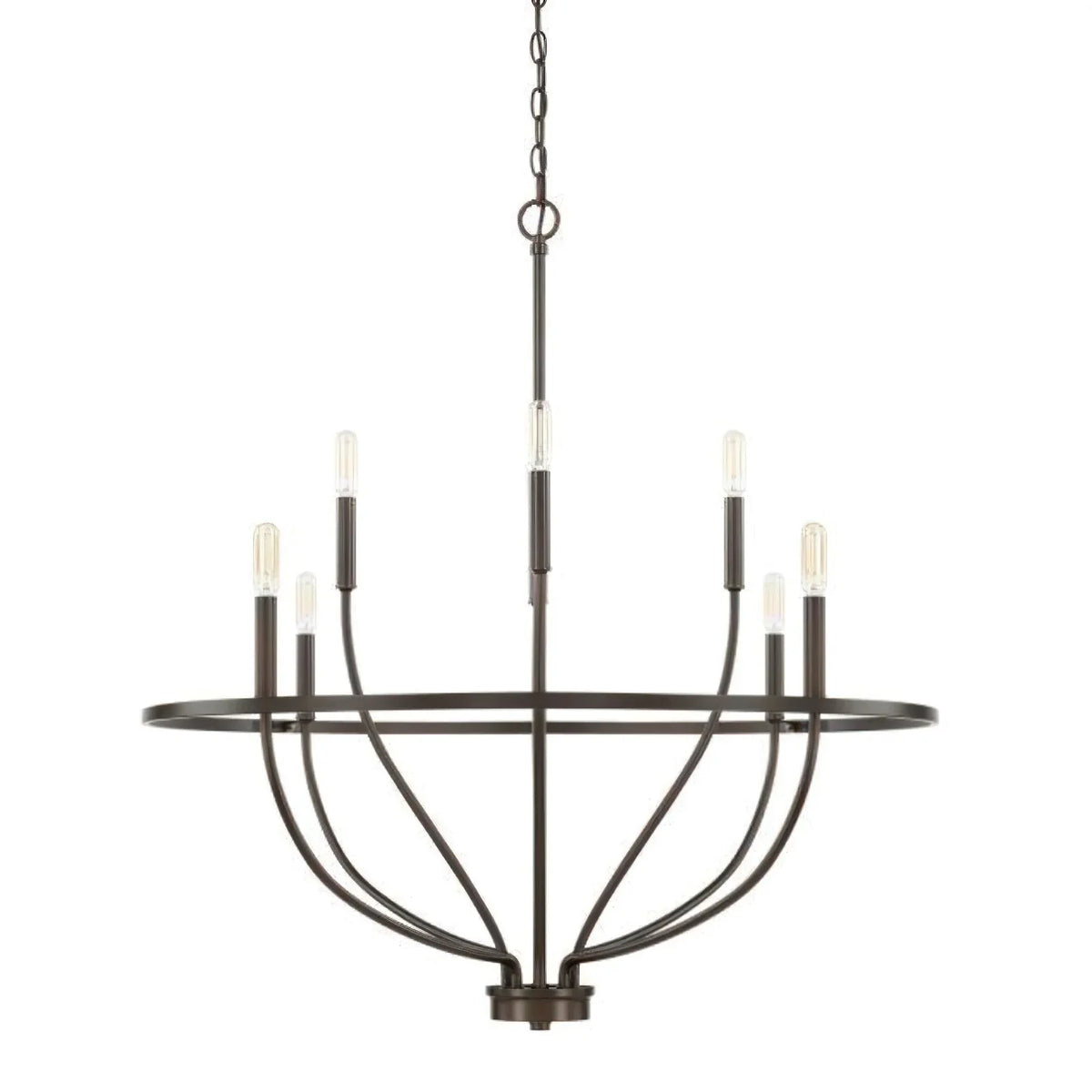 Greyson Bowl Chandelier side view in a bright room with sheer curtains and plants