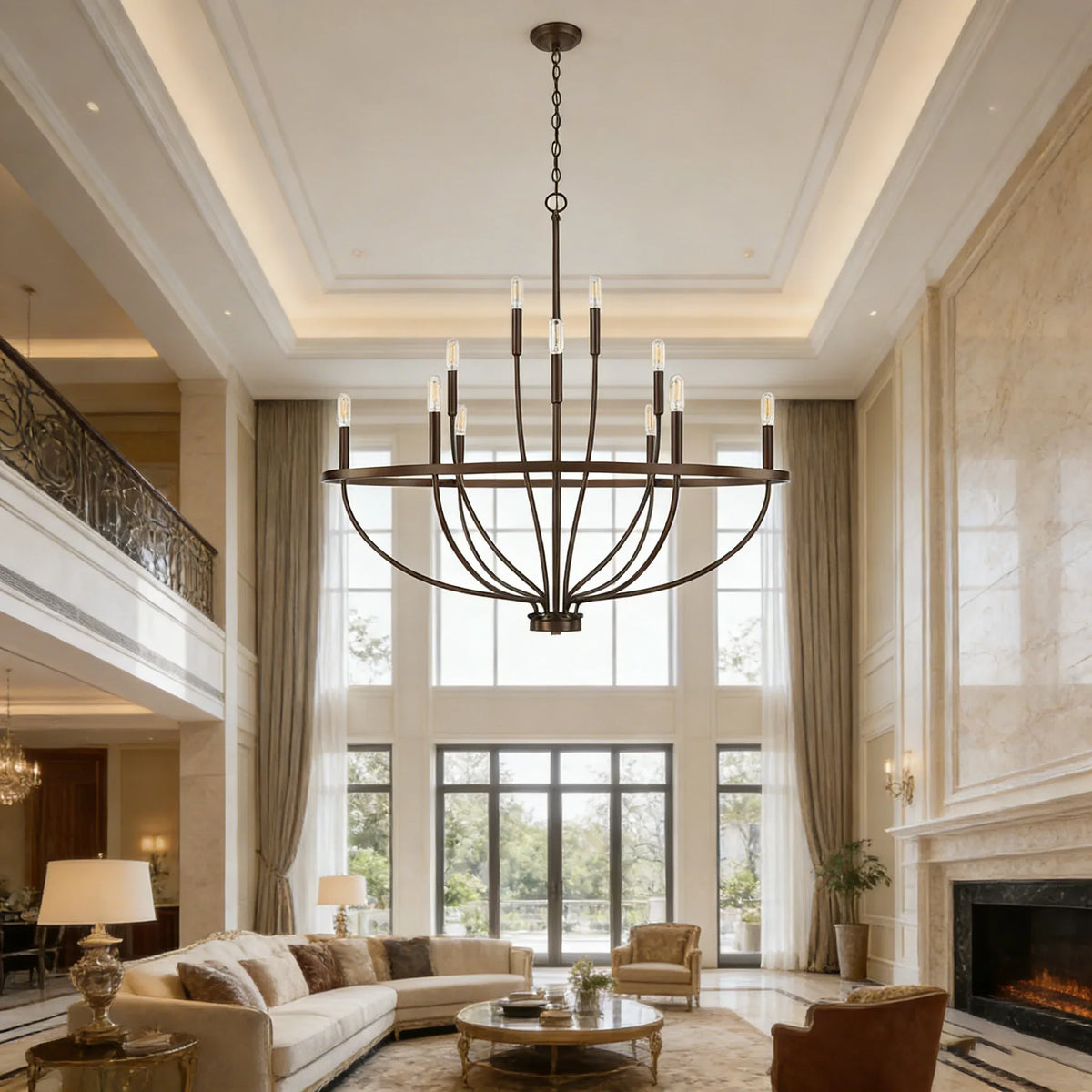 Greyson Bowl Chandelier in a grand living room with high ceilings and fireplace