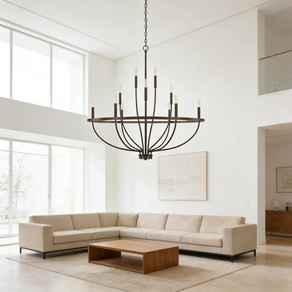 Greyson Bowl Chandelier in a bright living room with light grey sofa and coffee table